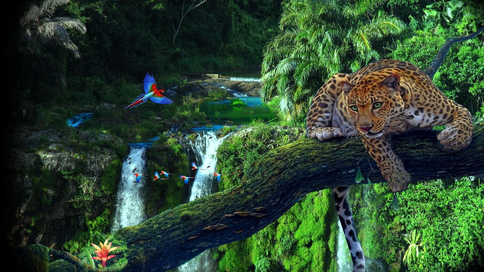 Giaguaro, Giungla, Cascate, Pappagalli, Arte digitale, Full HD, sfondo per PC e portatile