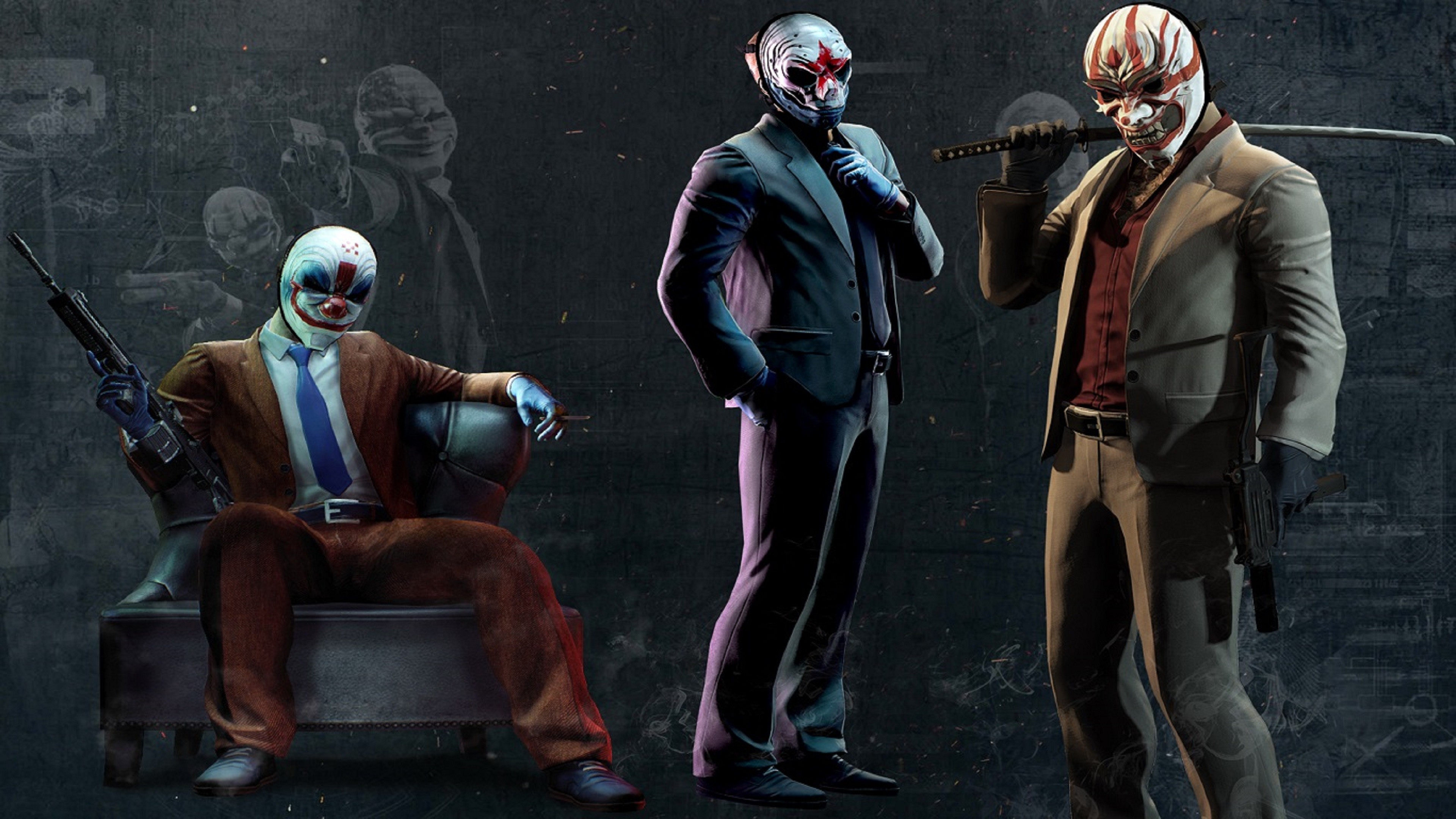 Payday Gang, Payday 2, Maschere, Abiti eleganti, 4K 2160p, sfondo desktop