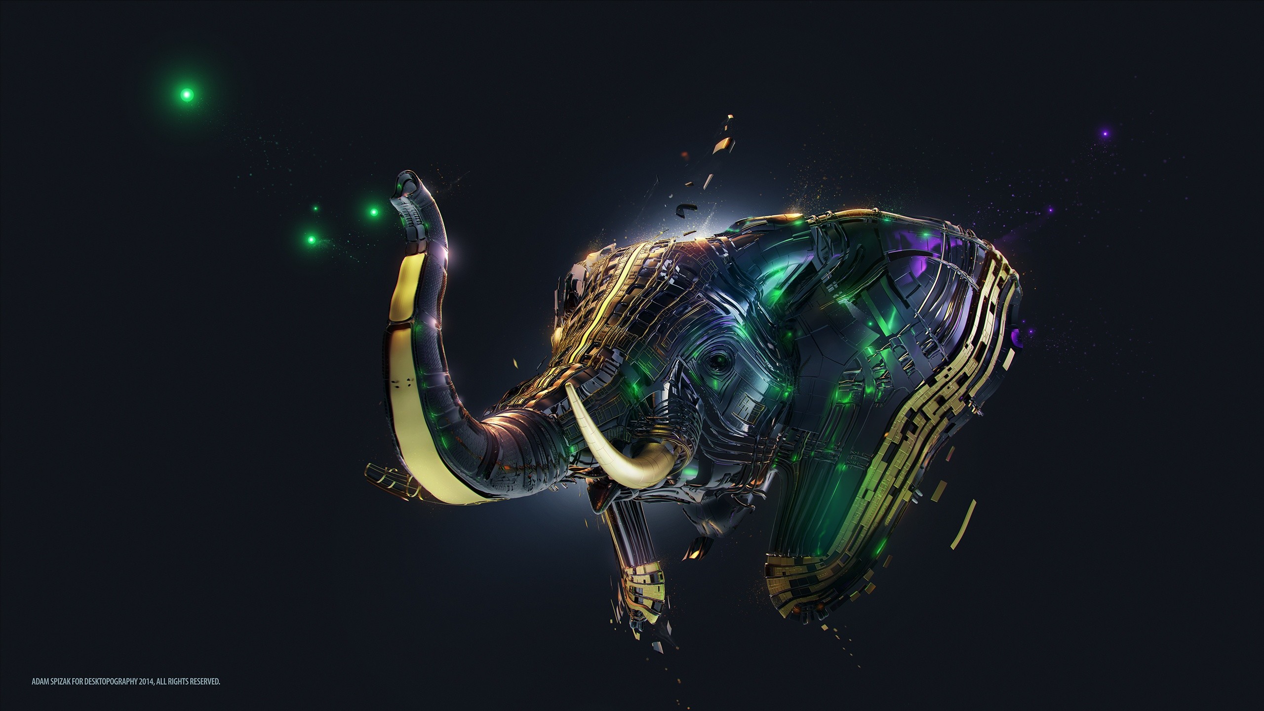 Elefante, Arte digitale, Sfondo scuro, 2K, wallpaper per desktop