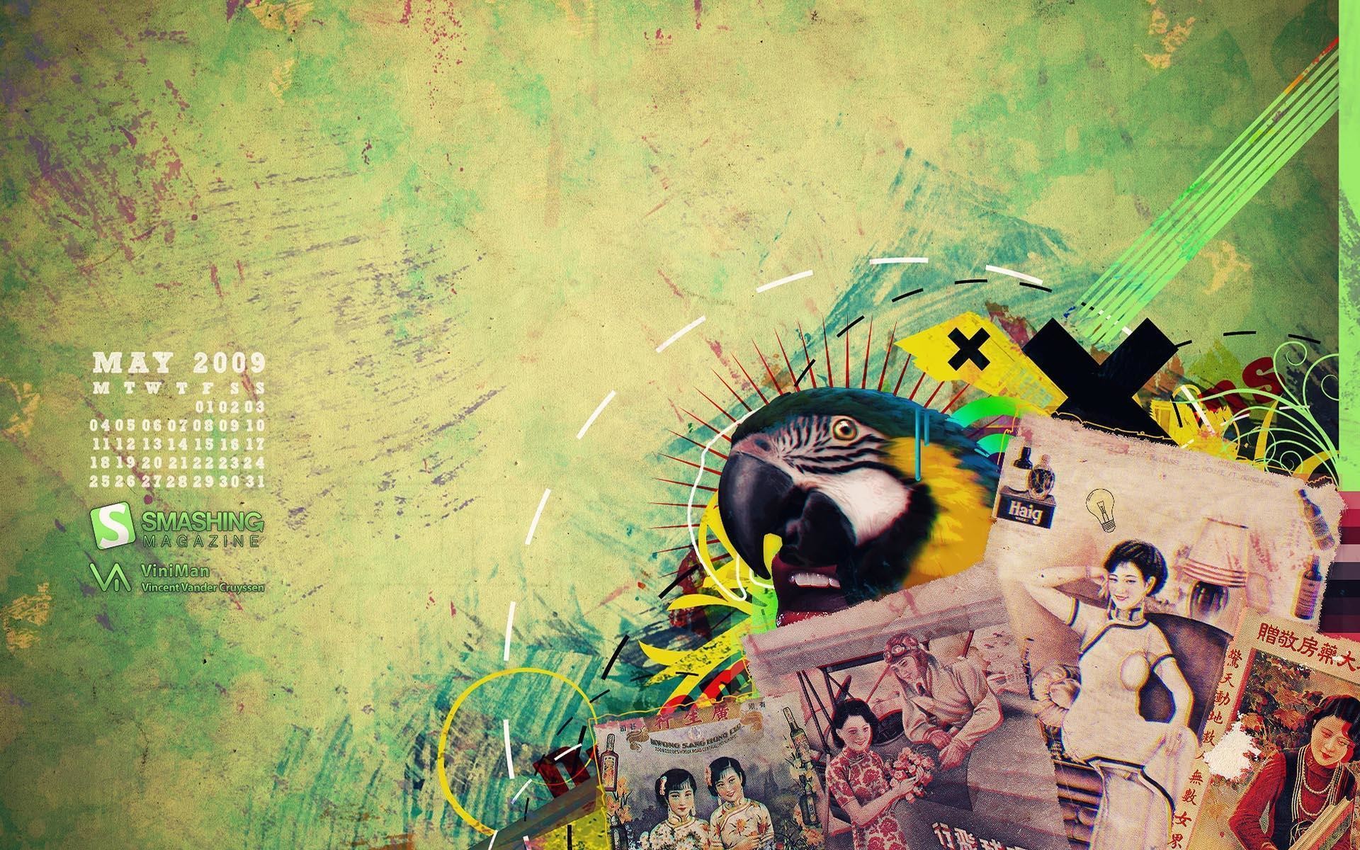 Collage vintage, Pappagallo, Calendario, Grunge, Foto d'epoca, 1920x1200, sfondo per PC