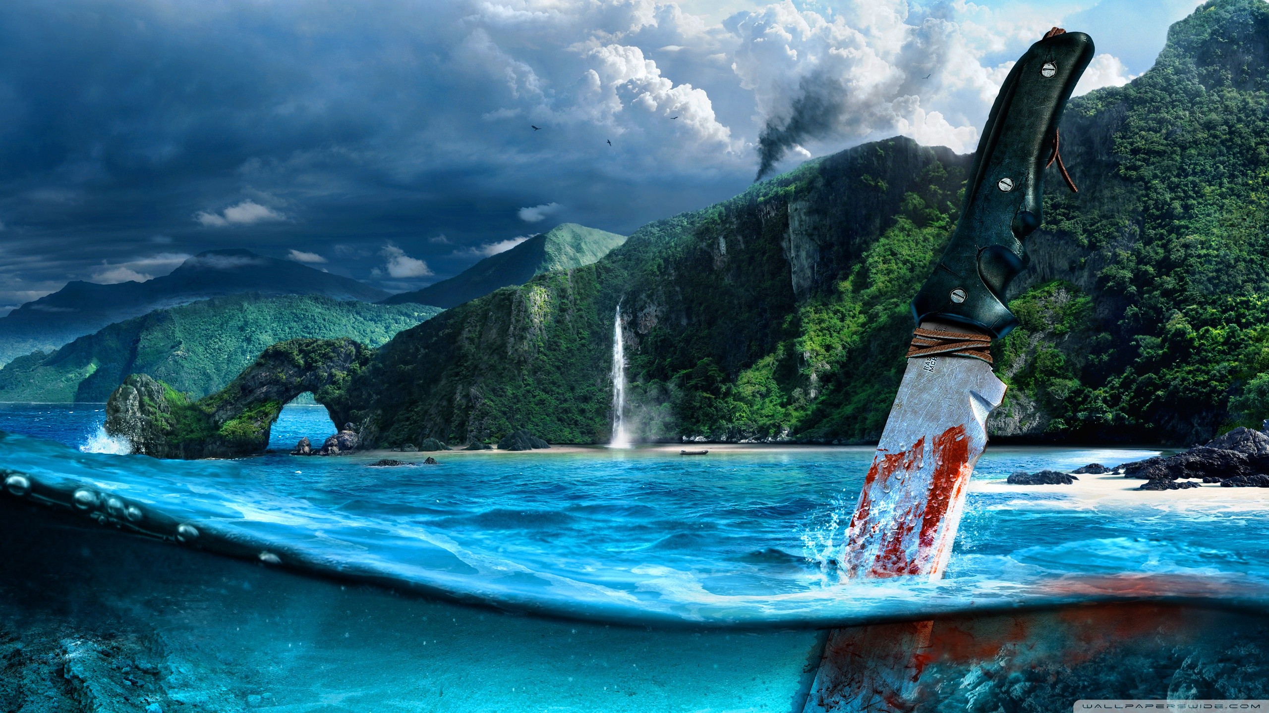 Far Cry 3, Coltello, Isola tropicale, Cascata, 2560x1440, sfondo per PC