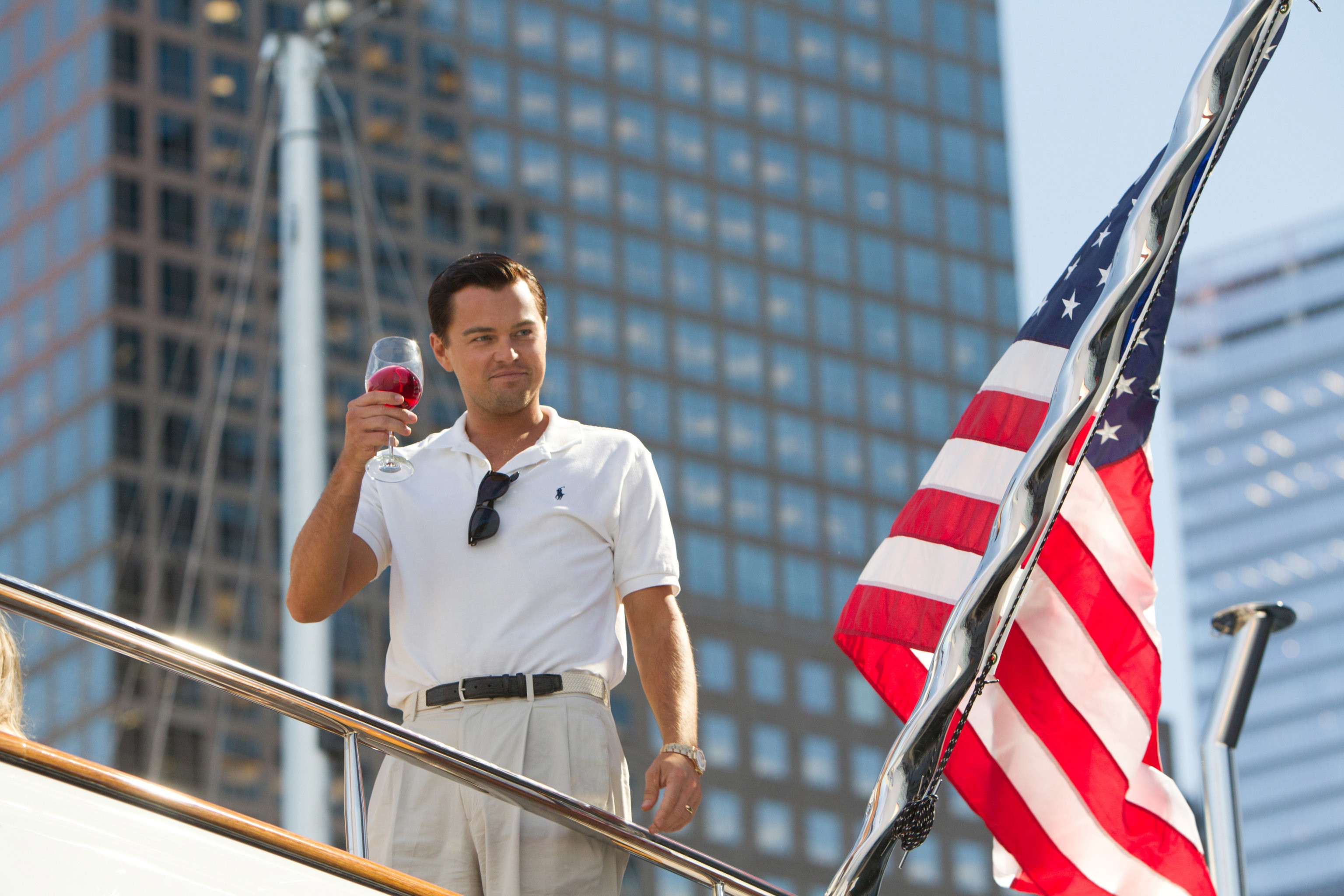 Leonardo DiCaprio, Jordan Belfort, The Wolf of Wall Street, Bandiera americana, Yacht, sfondo 2K
