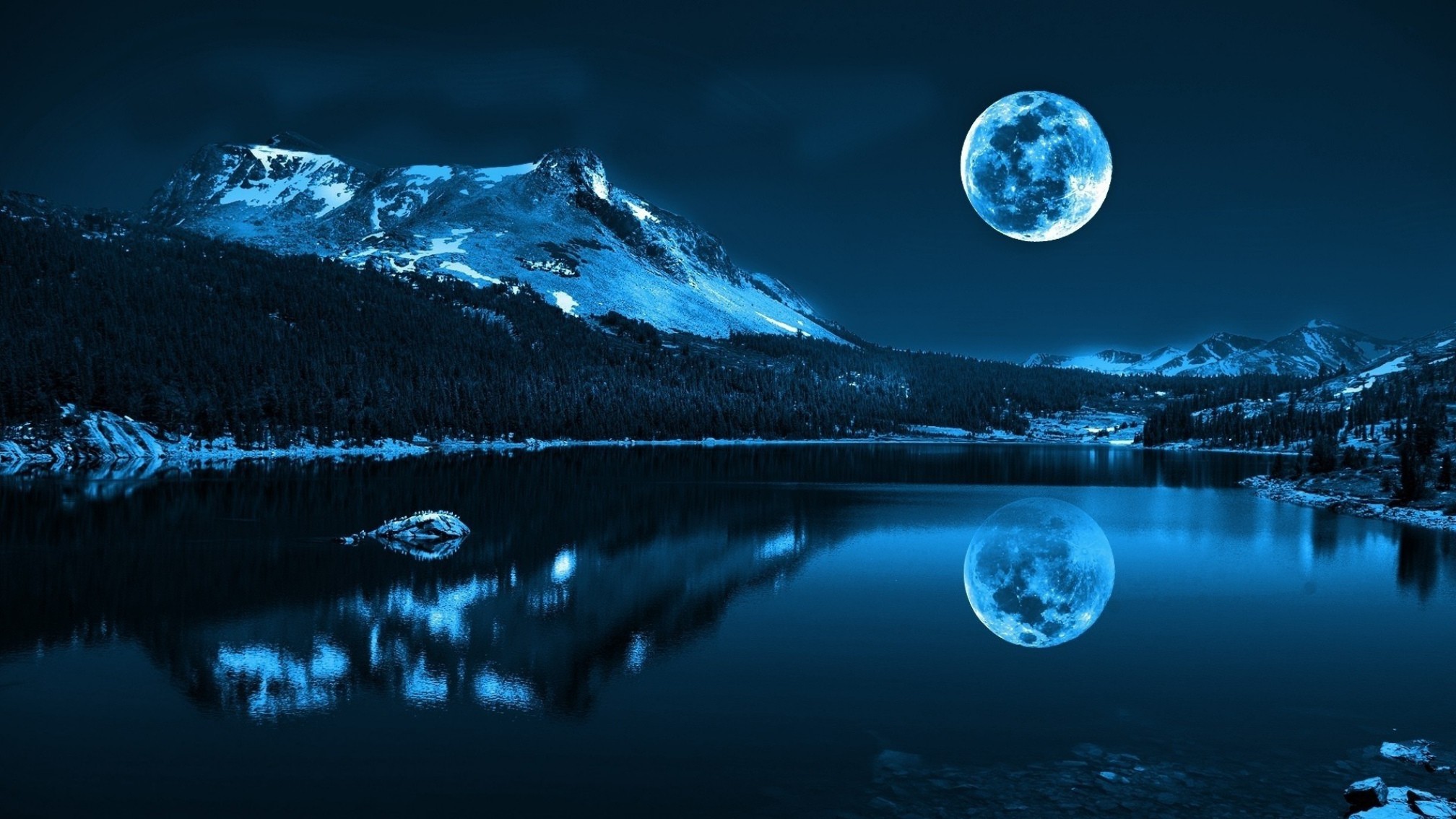 Luna piena, Lago di montagna, Riflesso, Notte, Blu, 16:9 Full HD, sfondo widescreen