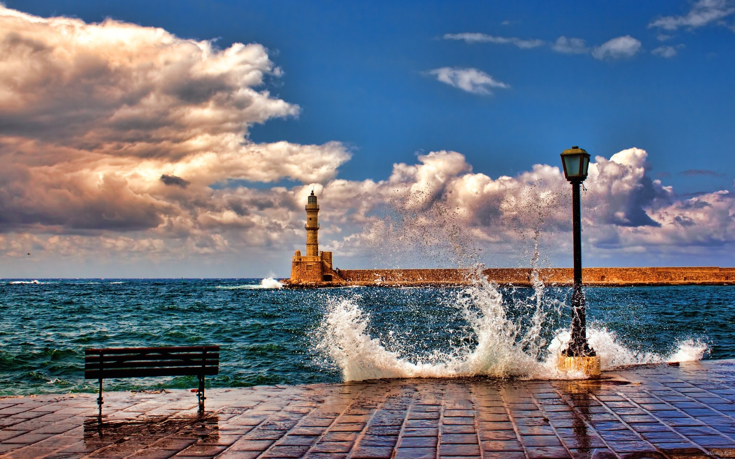 Chania, Creta, Faro, Mare, Onde, Lampione, 2560x1600, sfondo per PC