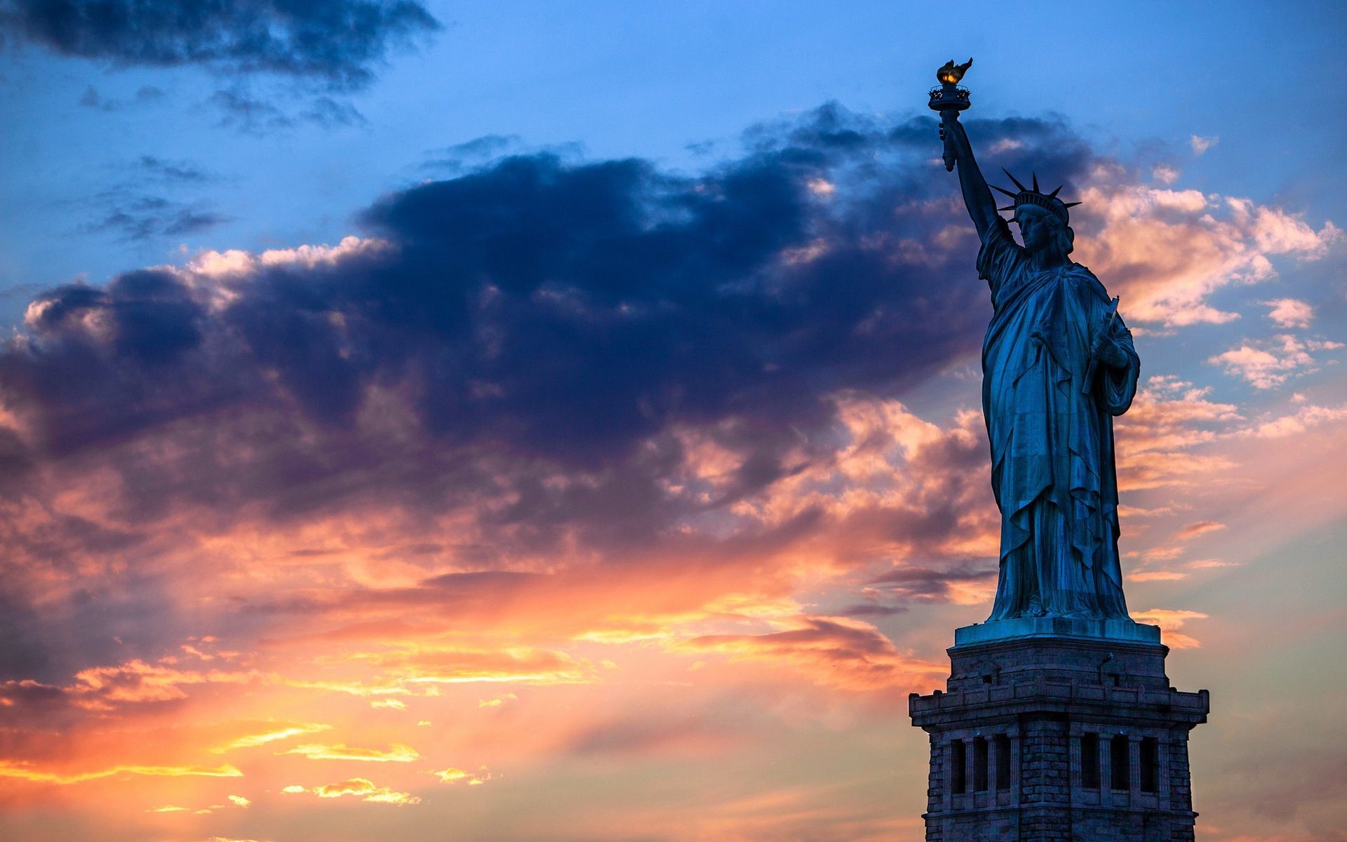 Statua della Libertà, New York, Tramonto, Nuvole, 1920x1200, immagine di sfondo