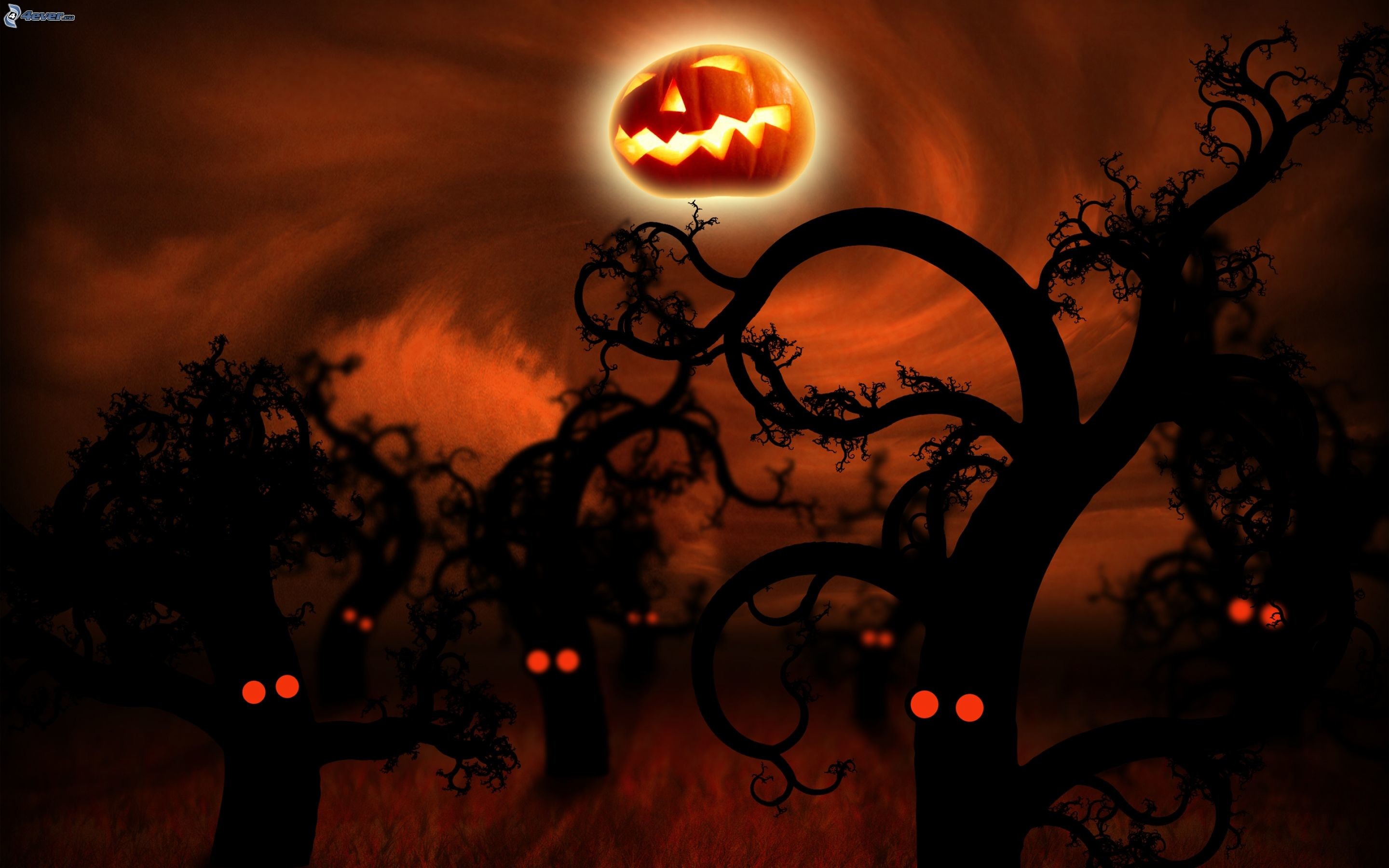Alberi contorti, Occhi rossi, Zucca, Arancione, 2880x1800, immagine di sfondo