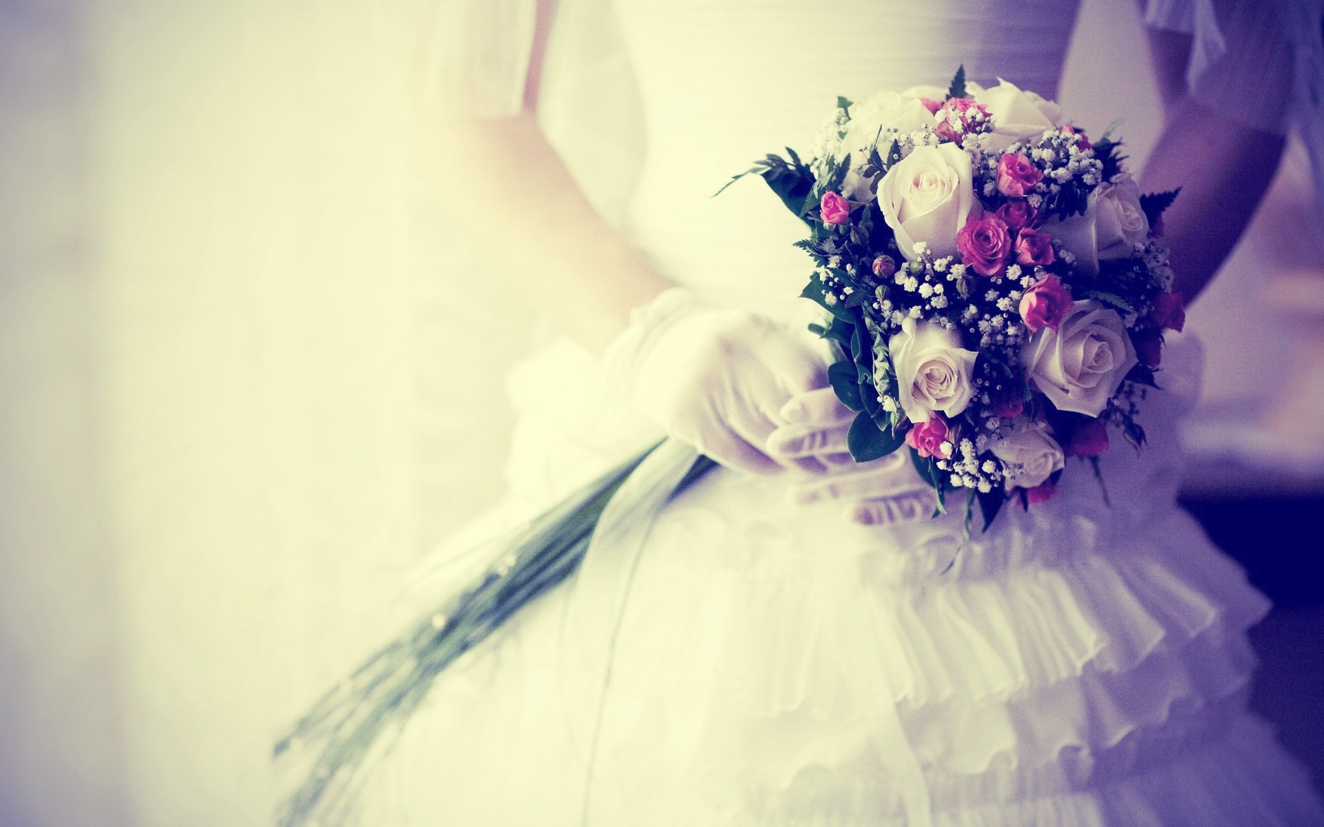 Sposa, Bouquet, Abito bianco, Vintage, 16:10 Full HD, sfondo widescreen