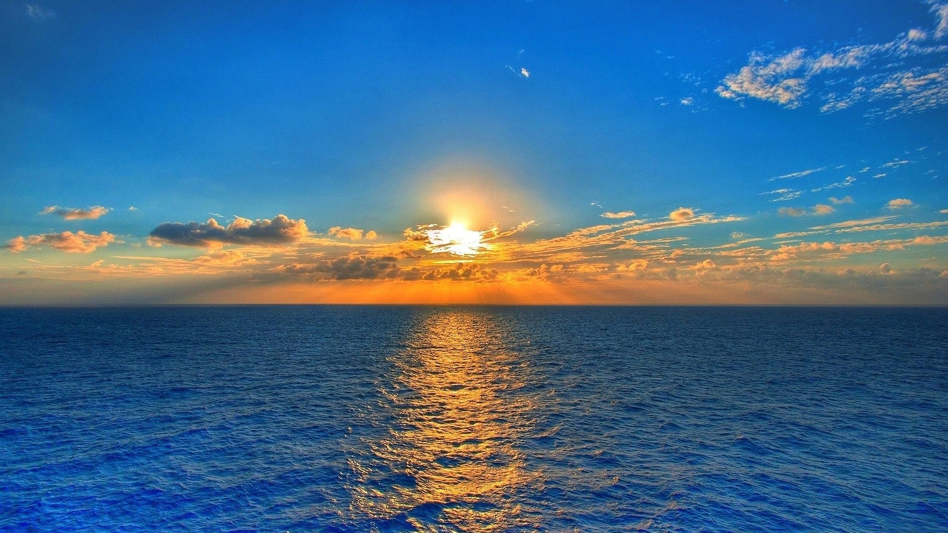 Mare, Sole, Cielo azzurro, Orizzonte, Full HD, wallpaper per PC