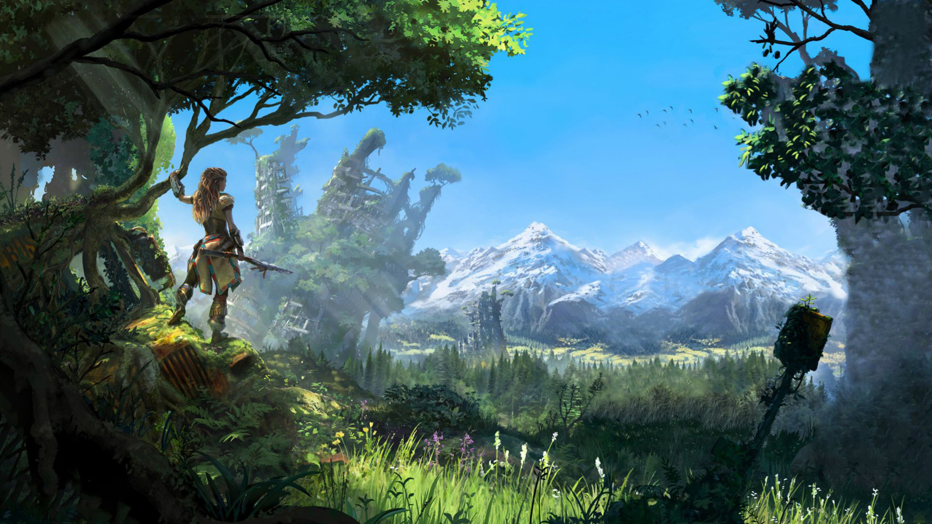 Aloy, Horizon Zero Dawn, Paesaggio, Montagne innevate, 1920x1080, immagine di sfondo