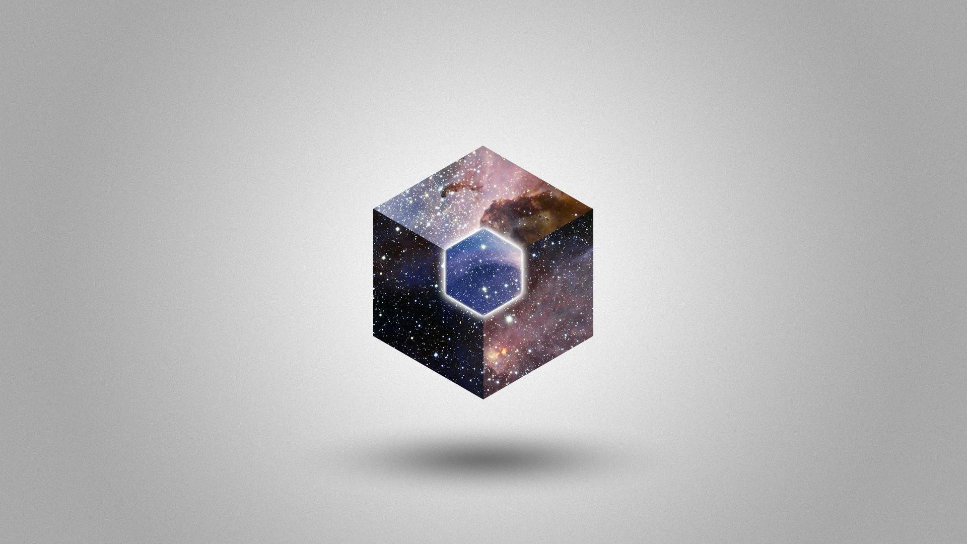 Low poly, Cubo, Nebulosa, Sfondo grigio, 16:9 Full HD, wallpaper widescreen