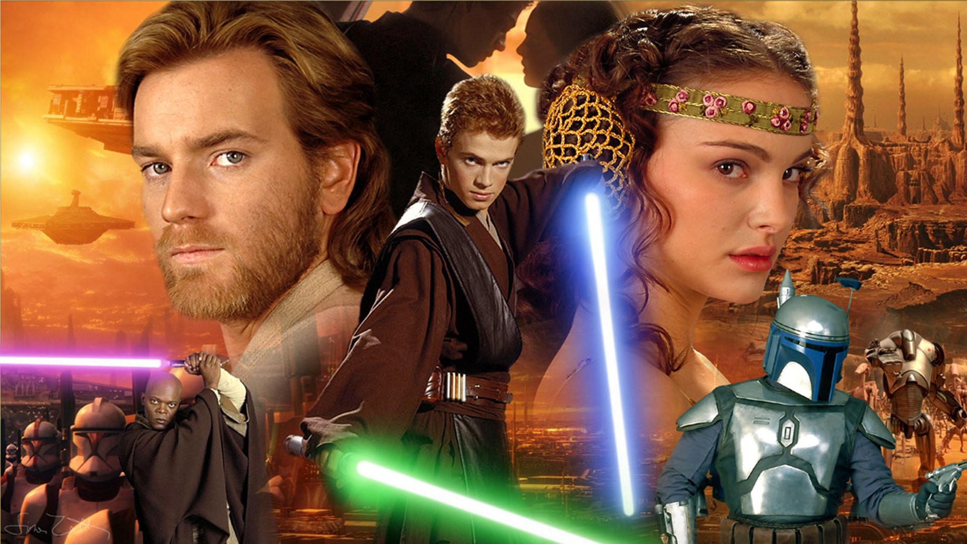 Star Wars: Episodio II - L'attacco dei cloni, Obi-Wan Kenobi, Anakin Skywalker, Padmé Amidala, Jango Fett, sfondo per PC