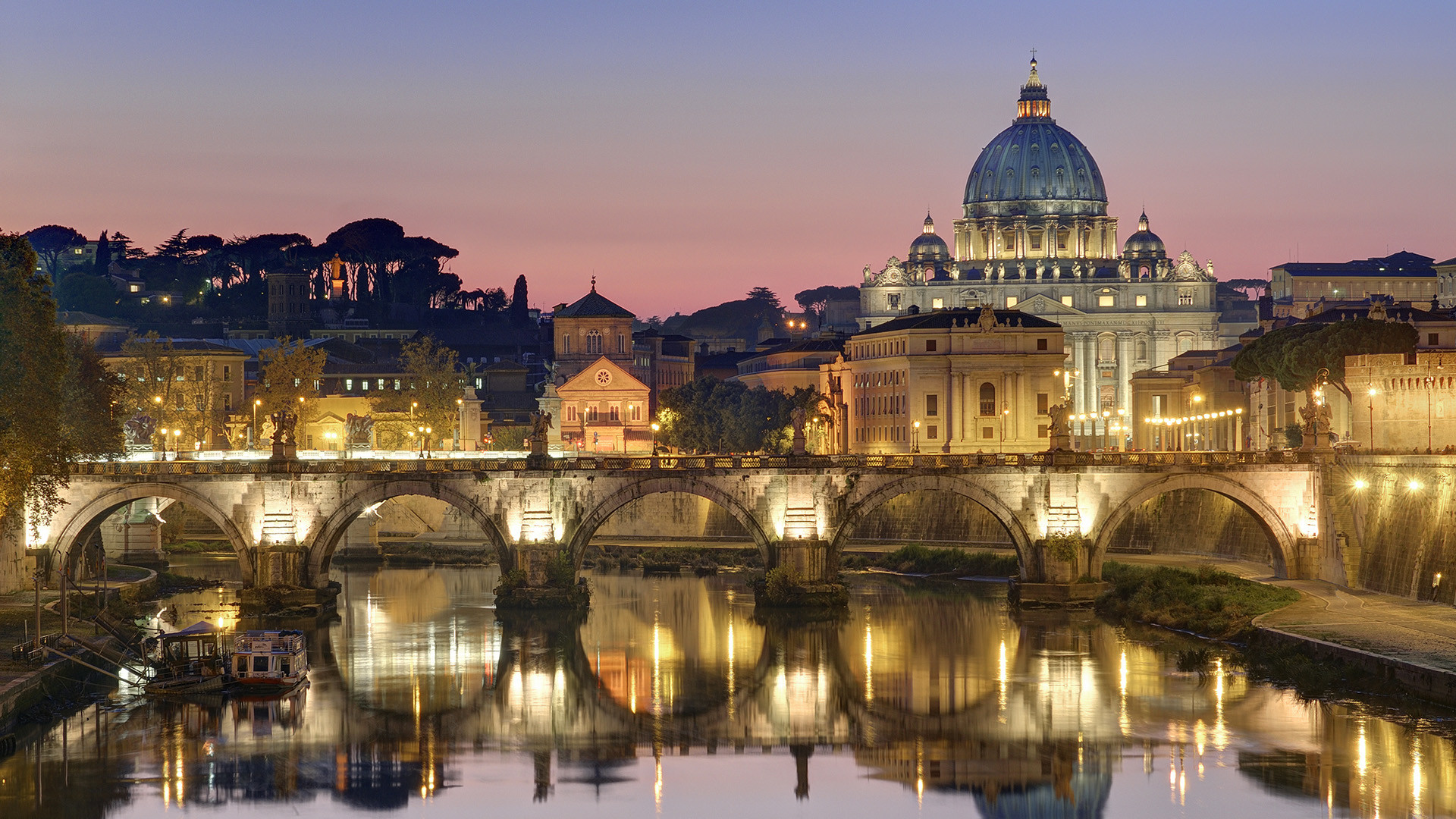 Ponte Sant'Angelo, Basilica di San Pietro, Tevere, Roma, Notte, Full HD, sfondo Windows 11