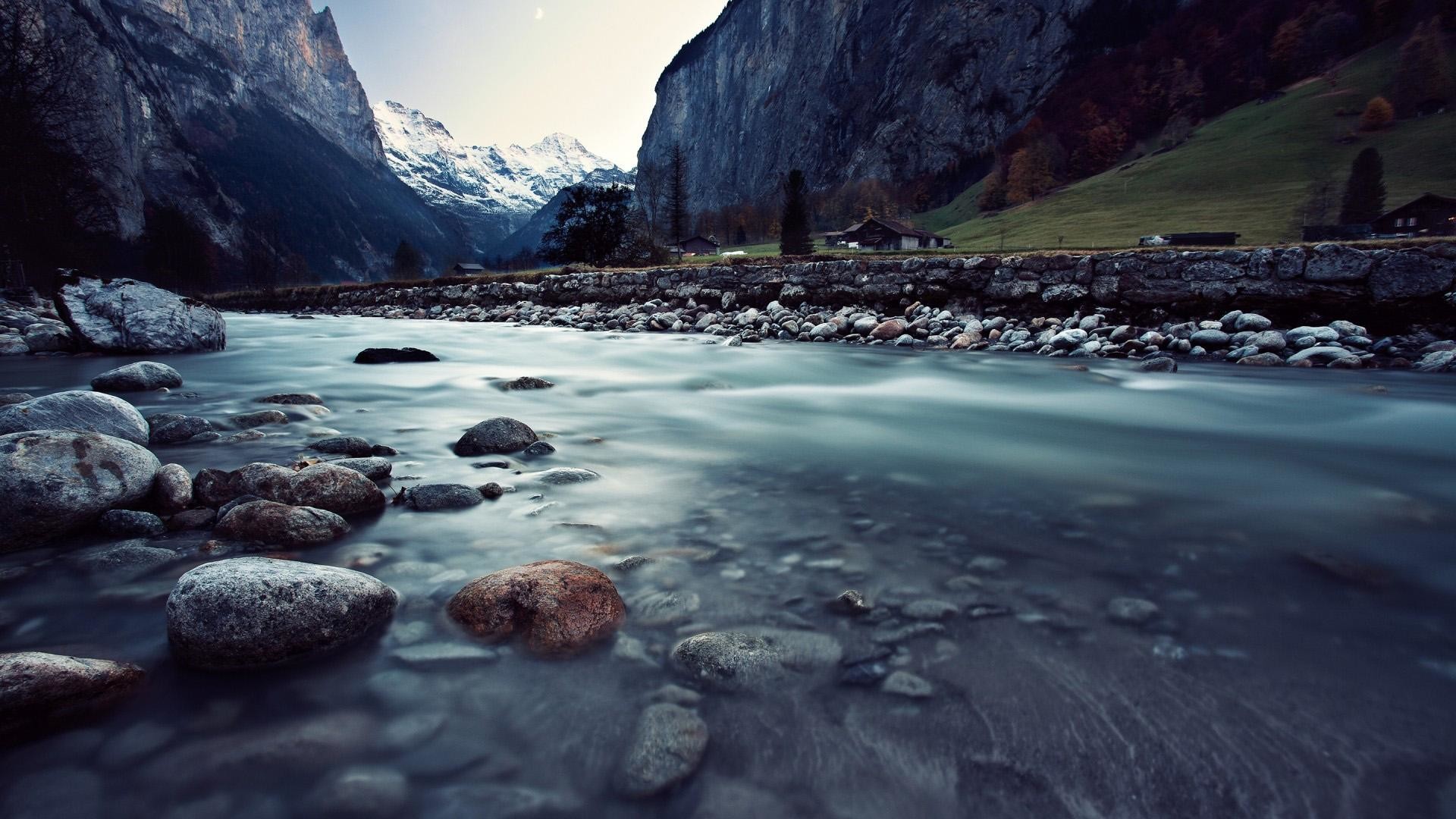 Lauterbrunnen, Svizzera, Fiume, Ciottoli, Valle alpina, Full HD, sfondo desktop