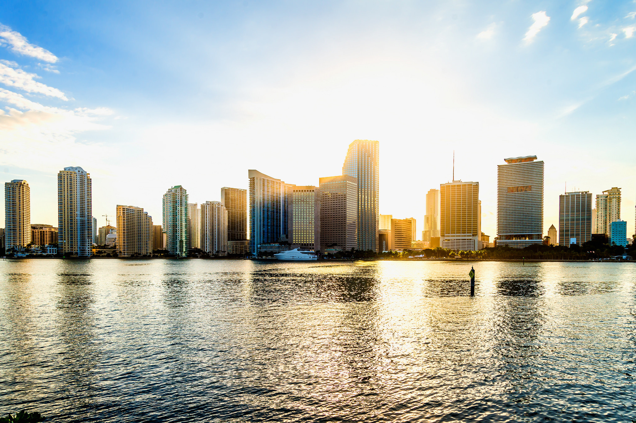 Downtown Miami, Miami, Skyline, Biscayne Bay, Controluce, Full HD, sfondo desktop