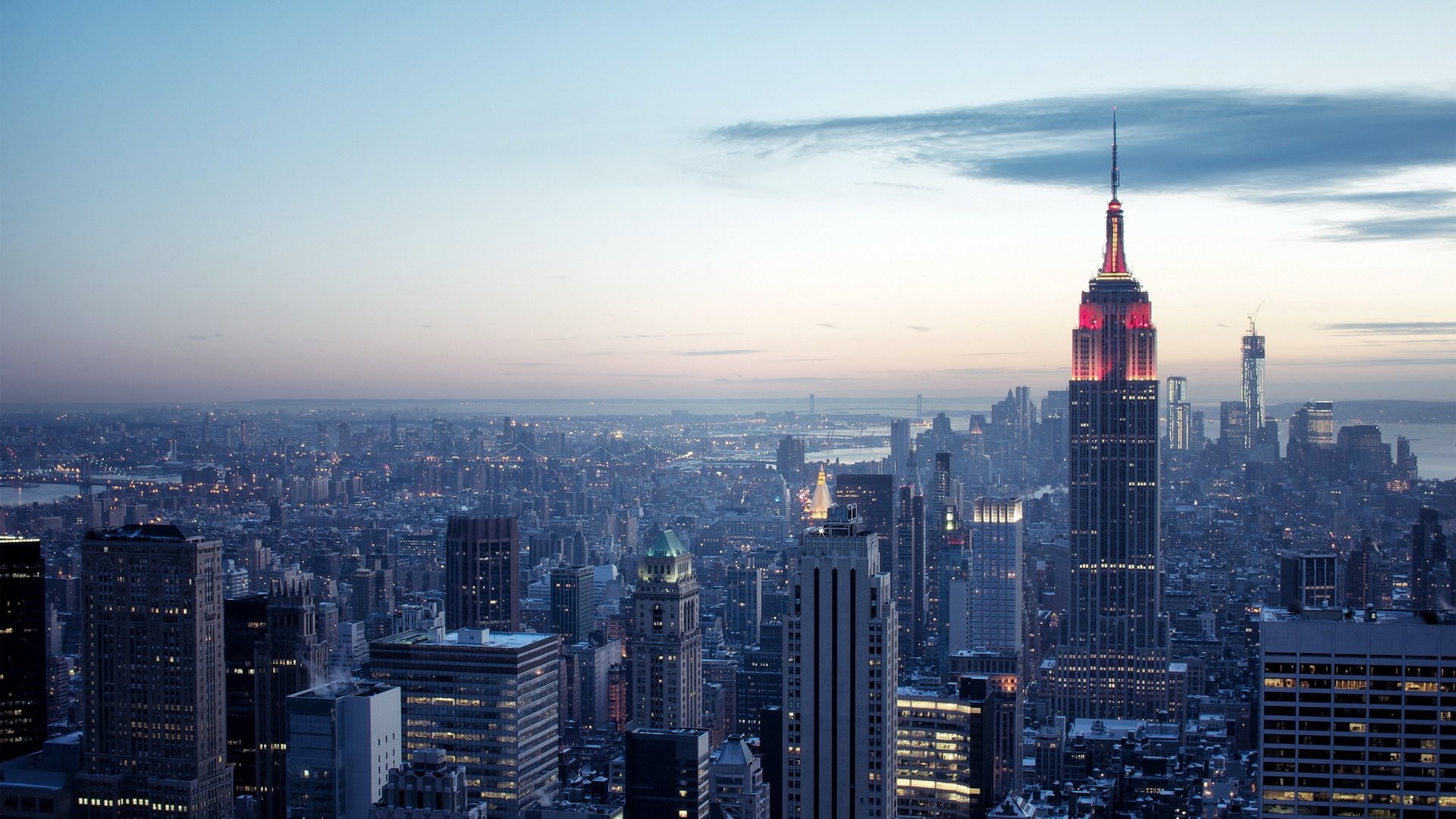 Empire State Building, Manhattan, Crepuscolo, Vista aerea, 16:9 Full HD, sfondo widescreen
