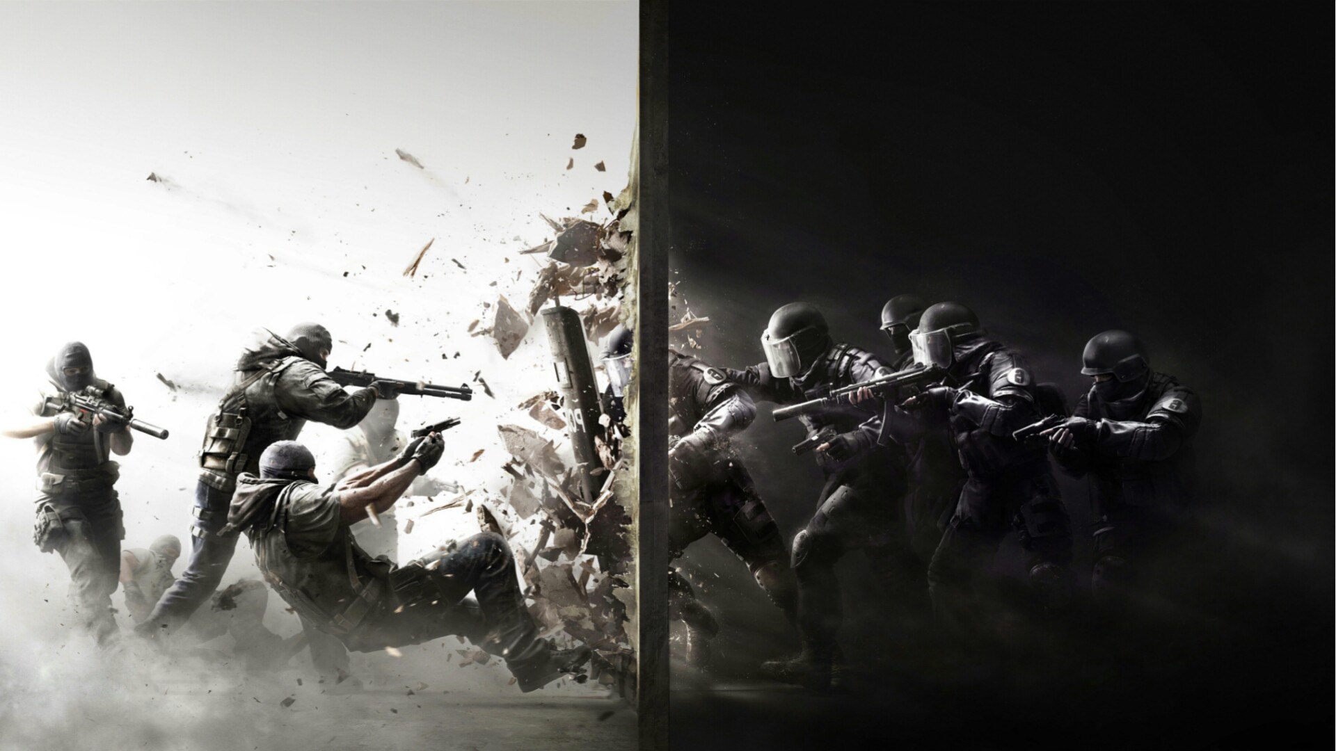 Tom Clancy's Rainbow Six Siege, Breccia nel muro, Attaccanti e difensori, Bianco e nero, sfondo 1080p