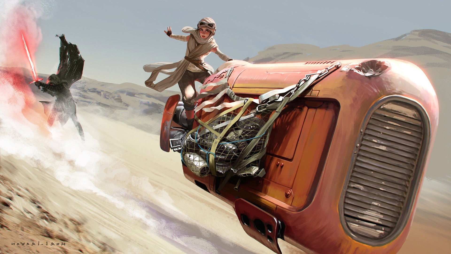 Rey, Kylo Ren, Star Wars, Speeder, Deserto, 1920x1080, immagine di sfondo