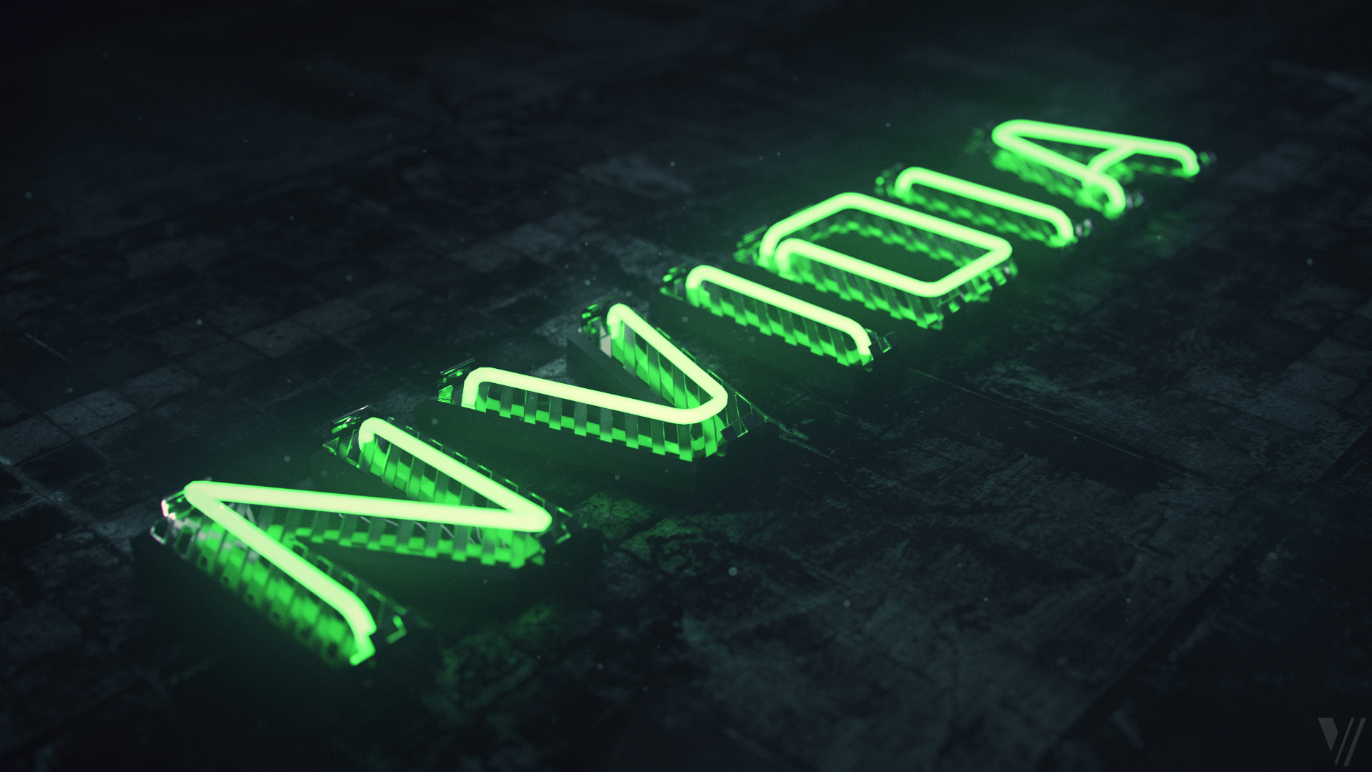 Nvidia, Scritta al neon, Verde neon, Notte, Full HD, sfondo Windows 11
