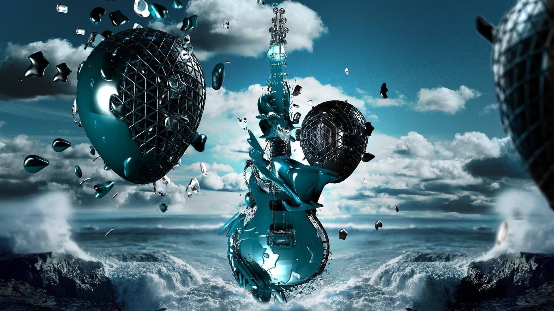 Chitarra elettrica, Surreale, Mare, Arte digitale, Full HD, sfondo per portatile