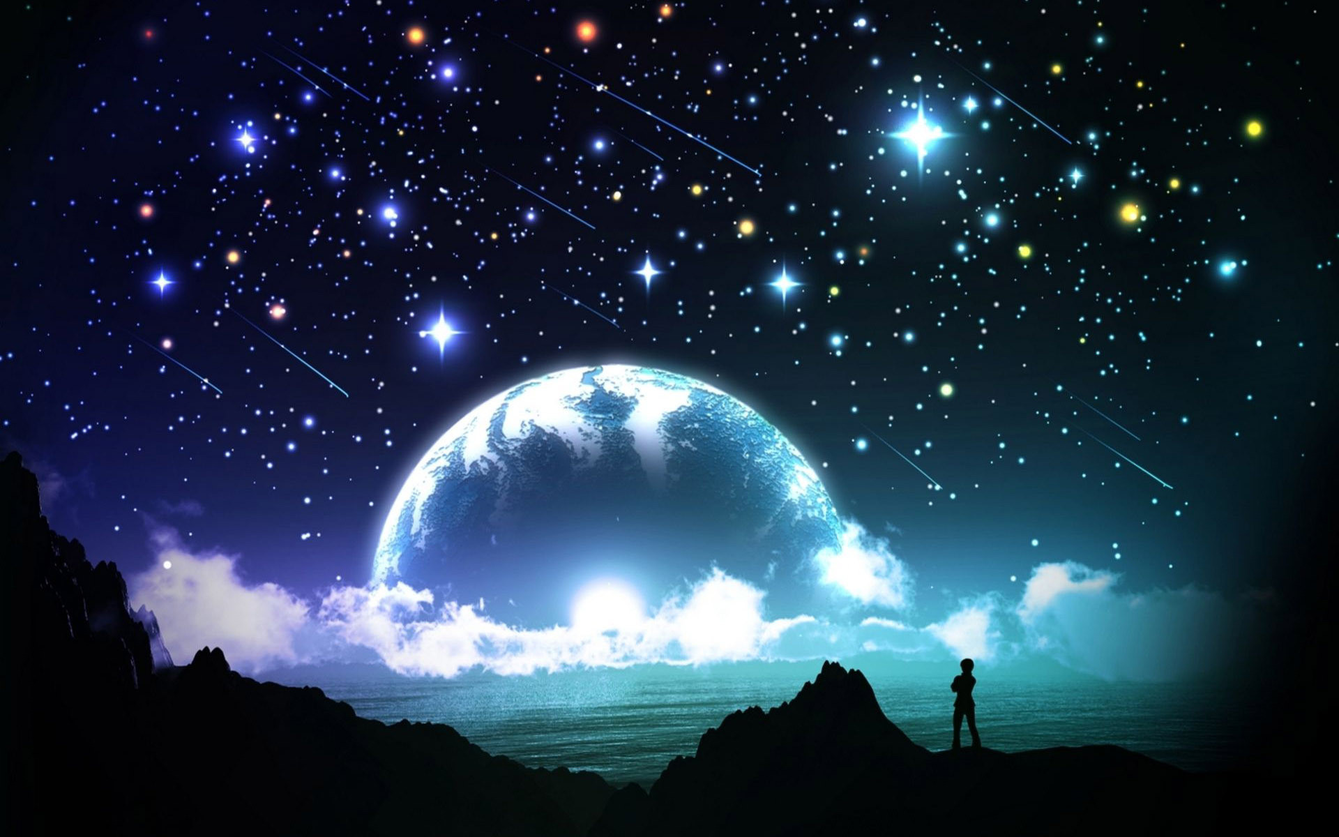 Pianeta, Cielo stellato, Silhouette, Fantasy, 1920x1200, sfondo per PC
