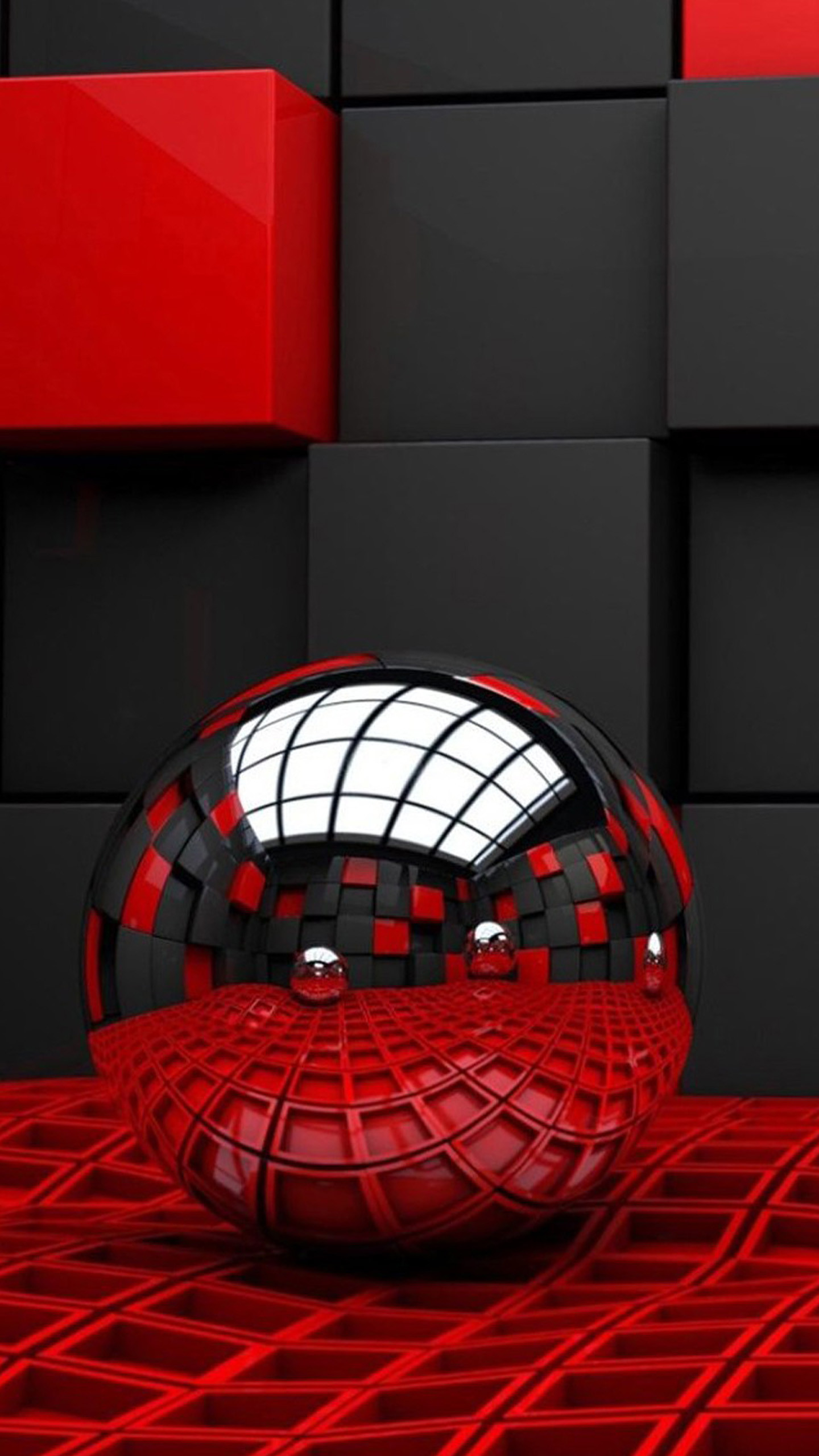 Sfera riflettente, Cubi, Rosso e nero, Rendering 3D, sfondo schermata di blocco Samsung S25