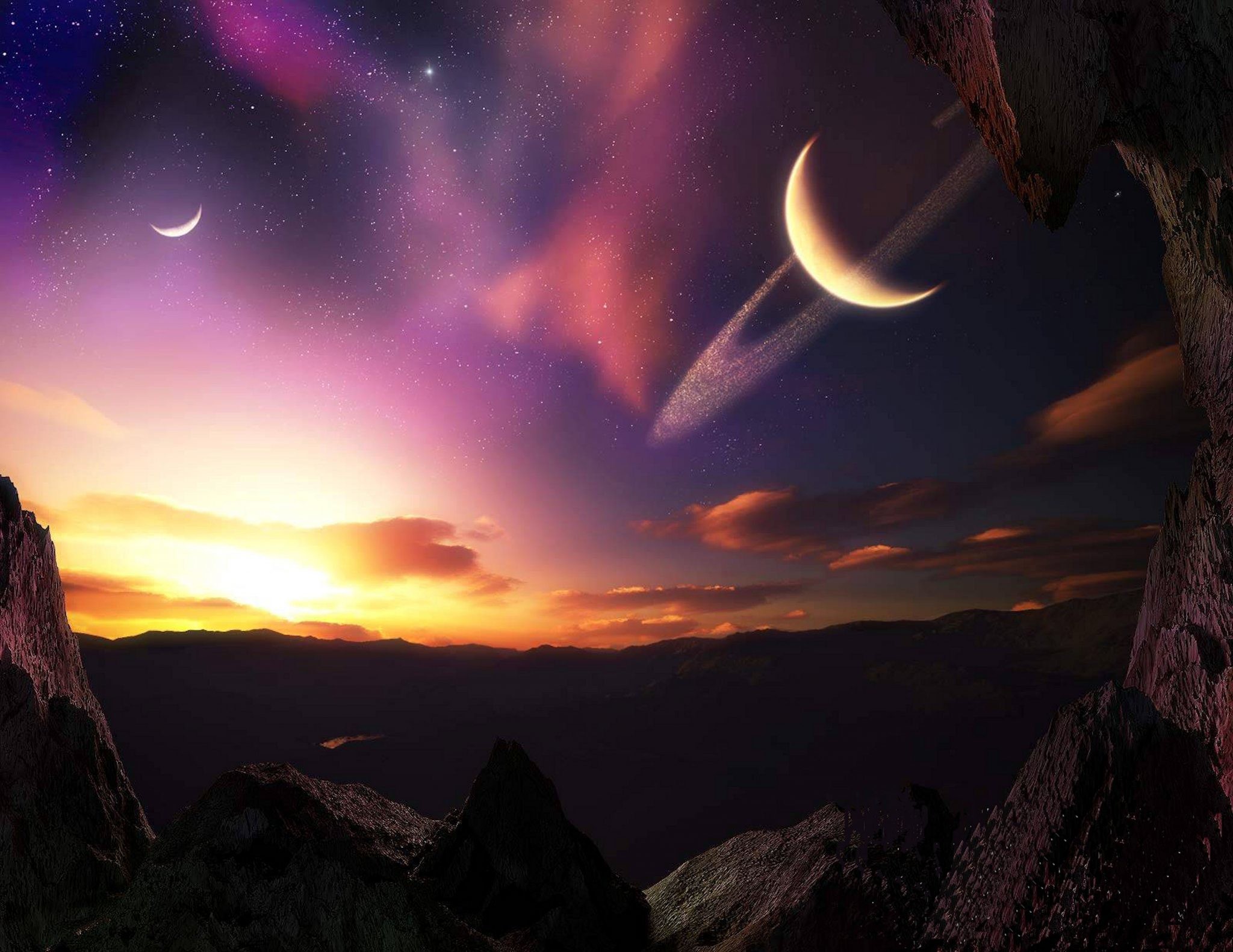 Pianeta alieno, Pianeta con anelli, Luna, Tramonto, Cielo viola, Fantascienza, sfondo Full HD