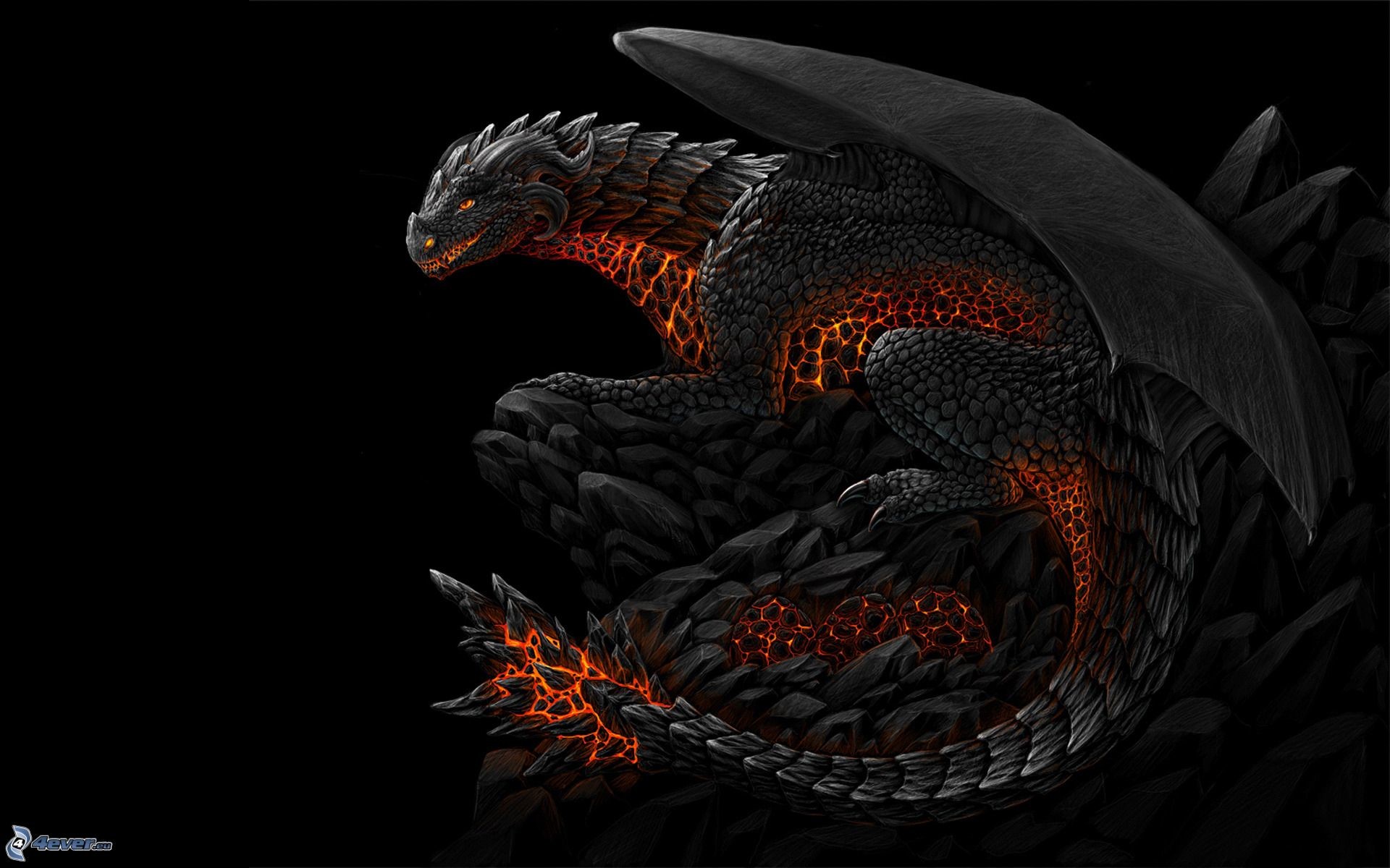 Drago nero, Lava, Fantasy, Sfondo nero, wallpaper per desktop