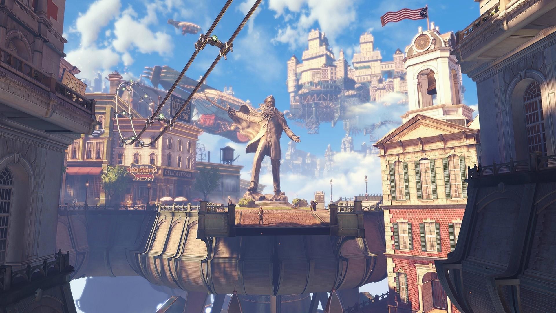 Columbia, BioShock Infinite, Città volante, Statua, Cielo azzurro, sfondo desktop Full HD