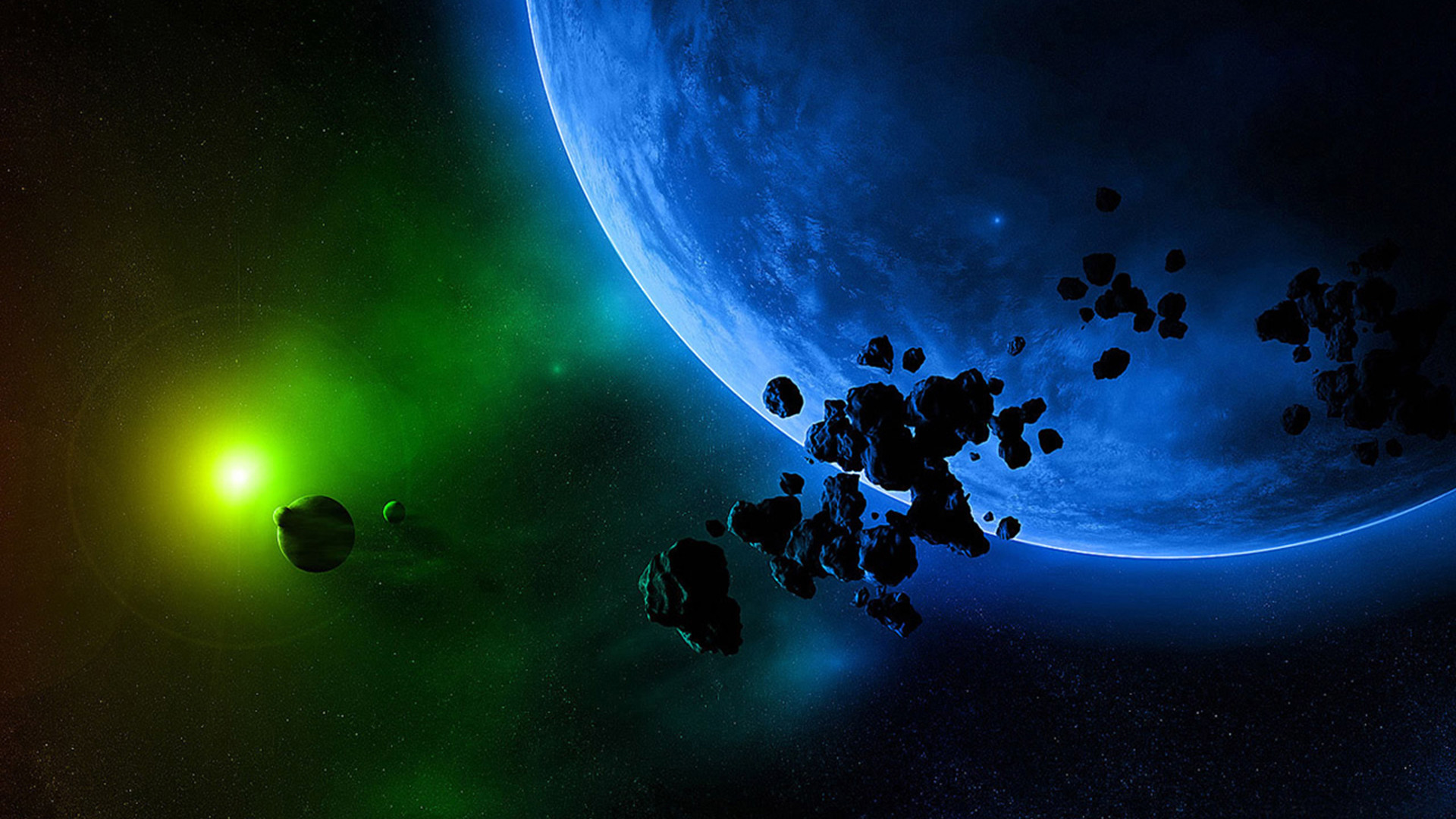 Pianeta, Asteroidi, Spazio, Luce verde, Full HD, sfondo per PC