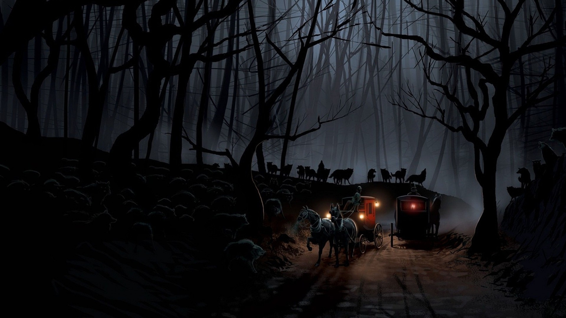 Lupi, Carrozza, Bosco oscuro, Notte, 16:9 Full HD, sfondo widescreen
