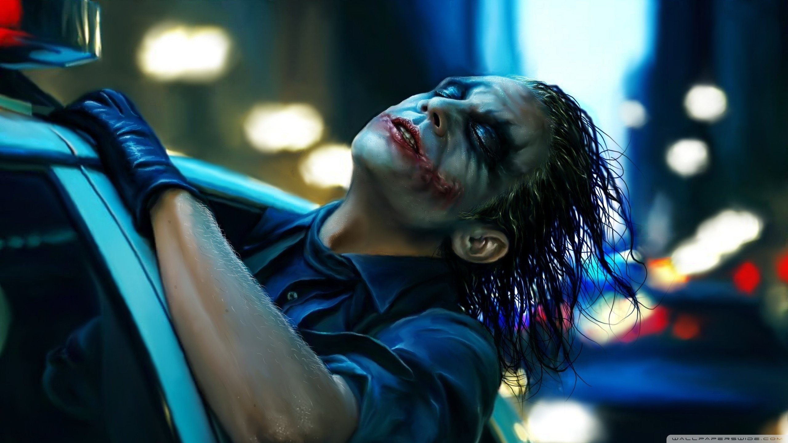 Joker, Heath Ledger, Il cavaliere oscuro, Auto della polizia, Notte, sfondo widescreen 2K
