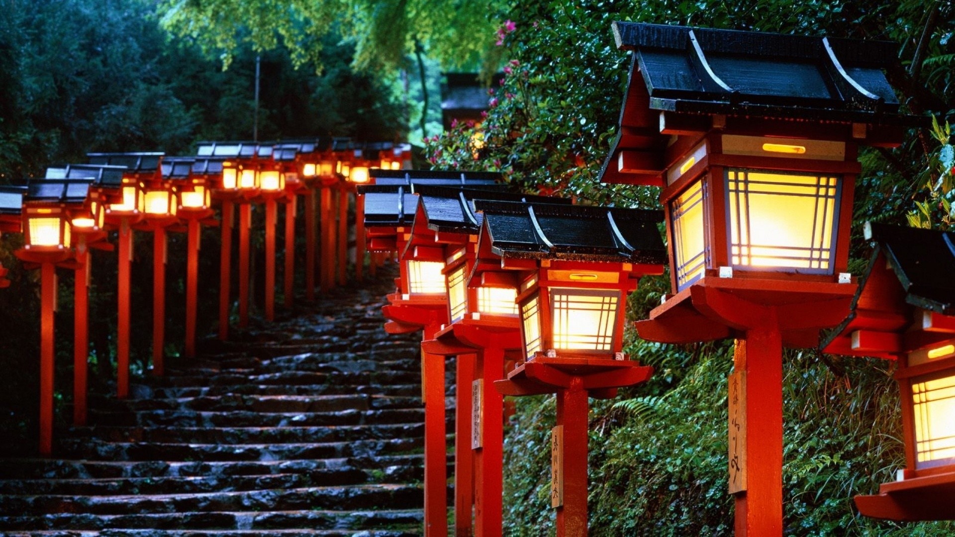 Kifune-jinja, Kyoto, Giappone, Lanterne, Scalinata, Full HD, wallpaper per portatile