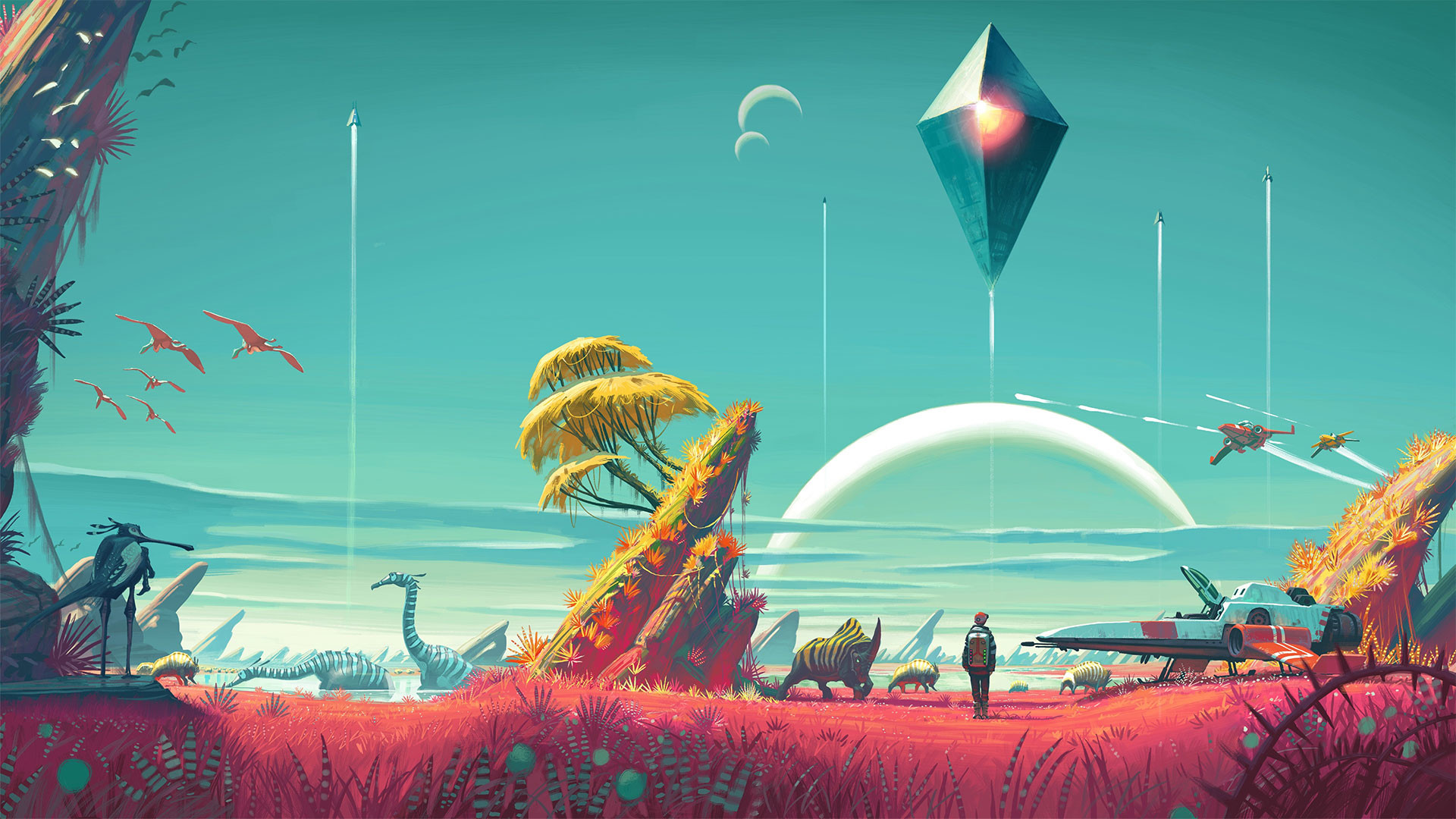No Man's Sky, Pianeta alieno, Fantascienza, Videogioco, Dinosauri, sfondo Full HD per portatile