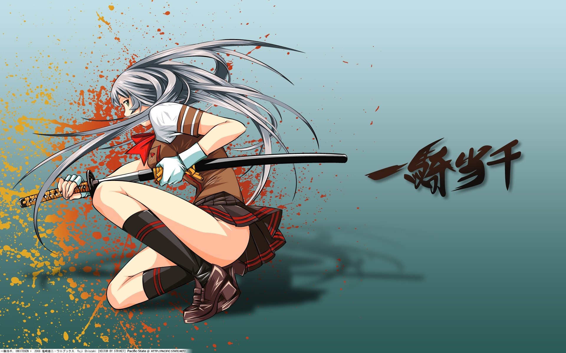 Ikkitousen, Ragazza anime, Katana, Schizzi di colore, Capelli argentati, sfondo MacBook Pro