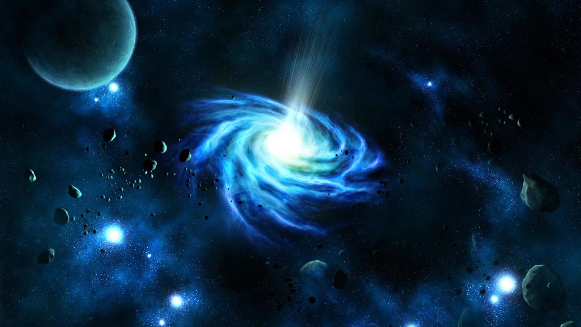 Buco nero, Galassia a spirale, Pianeta, Asteroidi, Blu, 1920x1080, sfondo per PC
