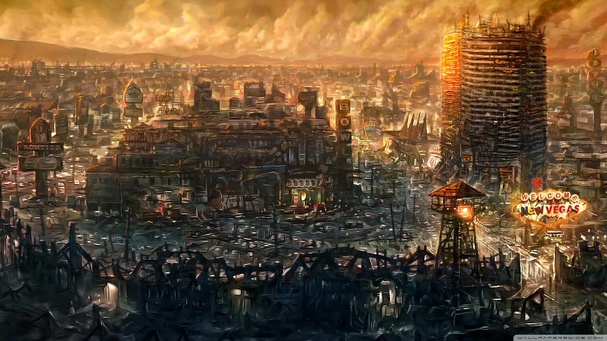 New Vegas, Fallout: New Vegas, Città in rovina, Tramonto, 2560x1440, sfondo per PC