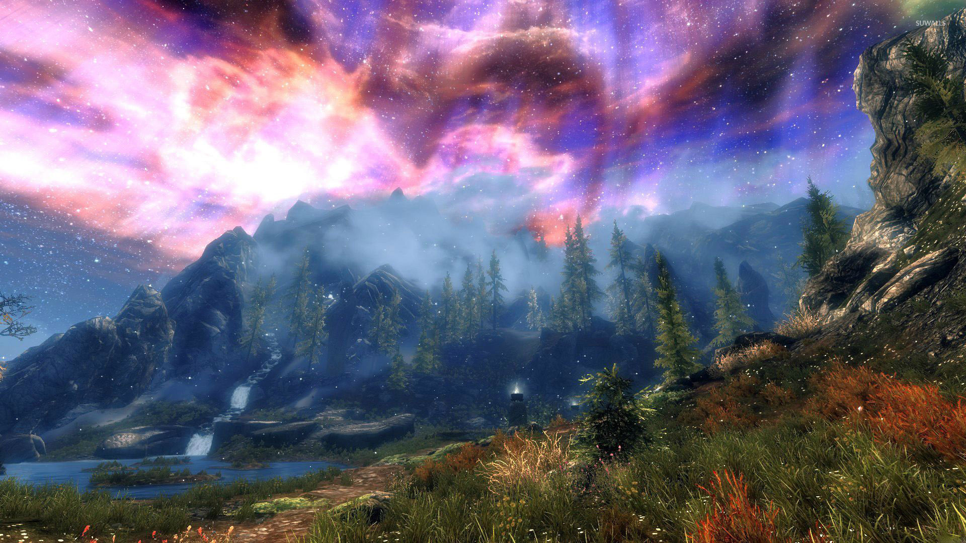 The Elder Scrolls V: Skyrim, Aurora, Montagne, Cielo viola, 1920x1080, sfondo per PC