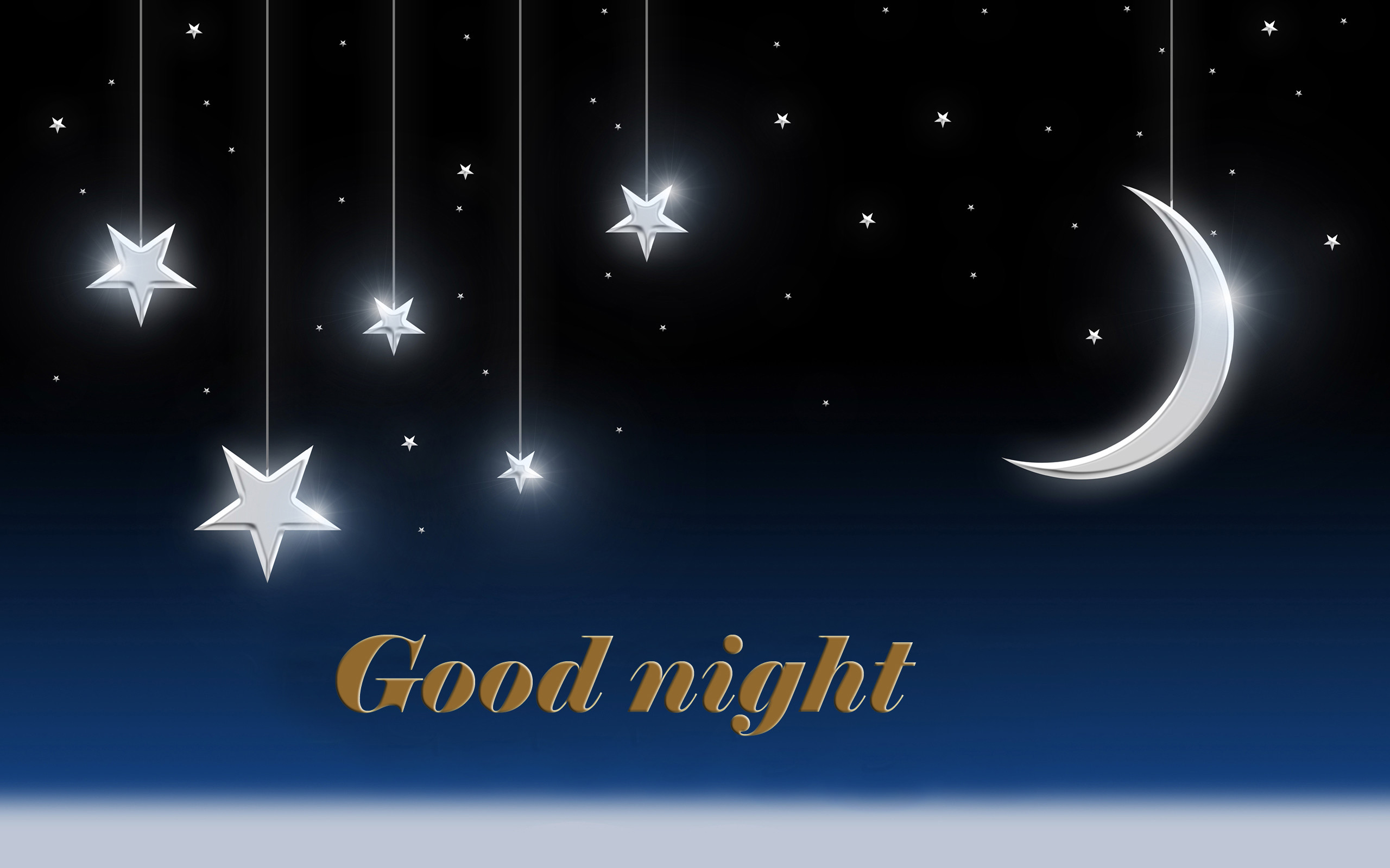 Good night, Luna crescente, Stelle, Blu, 2K, sfondo per PC e portatile