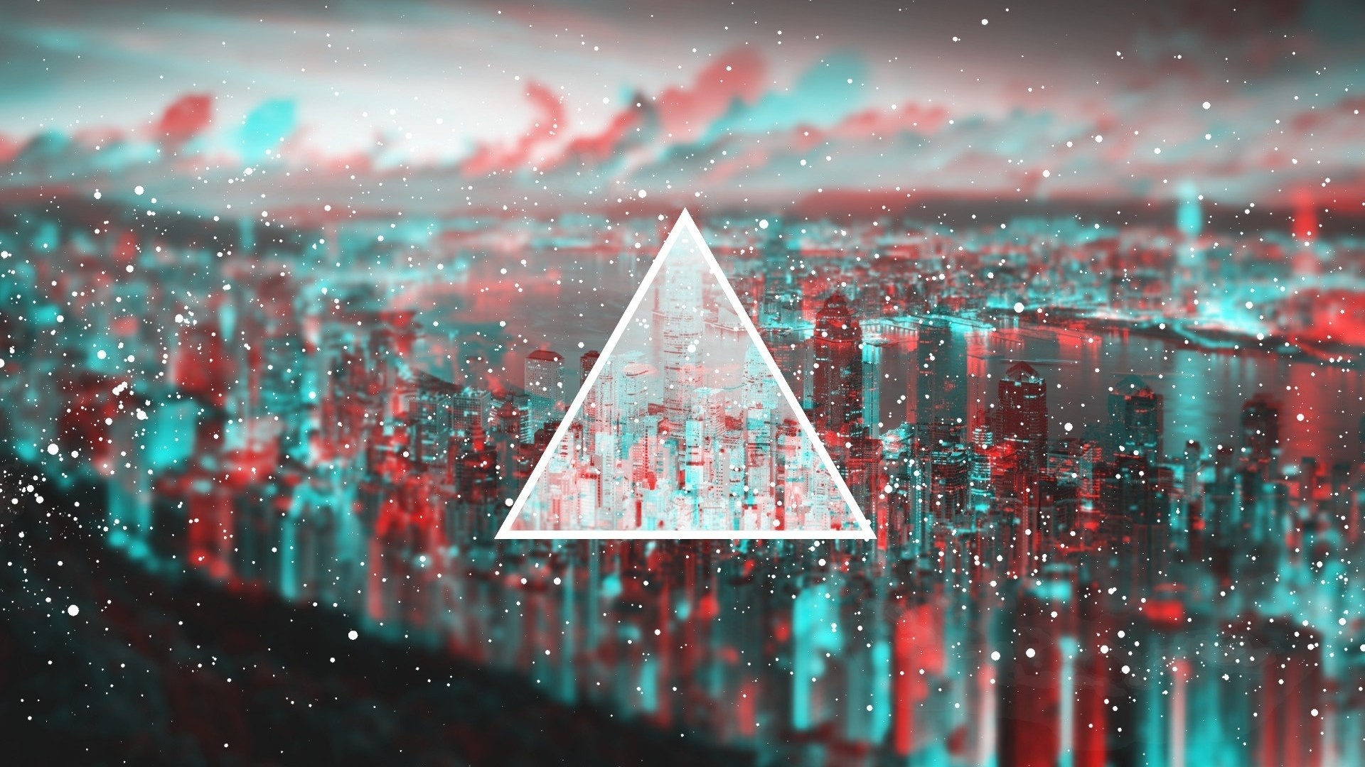 Triangolo, Città, Effetto anaglifo, Astratto, Rosso e ciano, Full HD, sfondo per PC e portatile