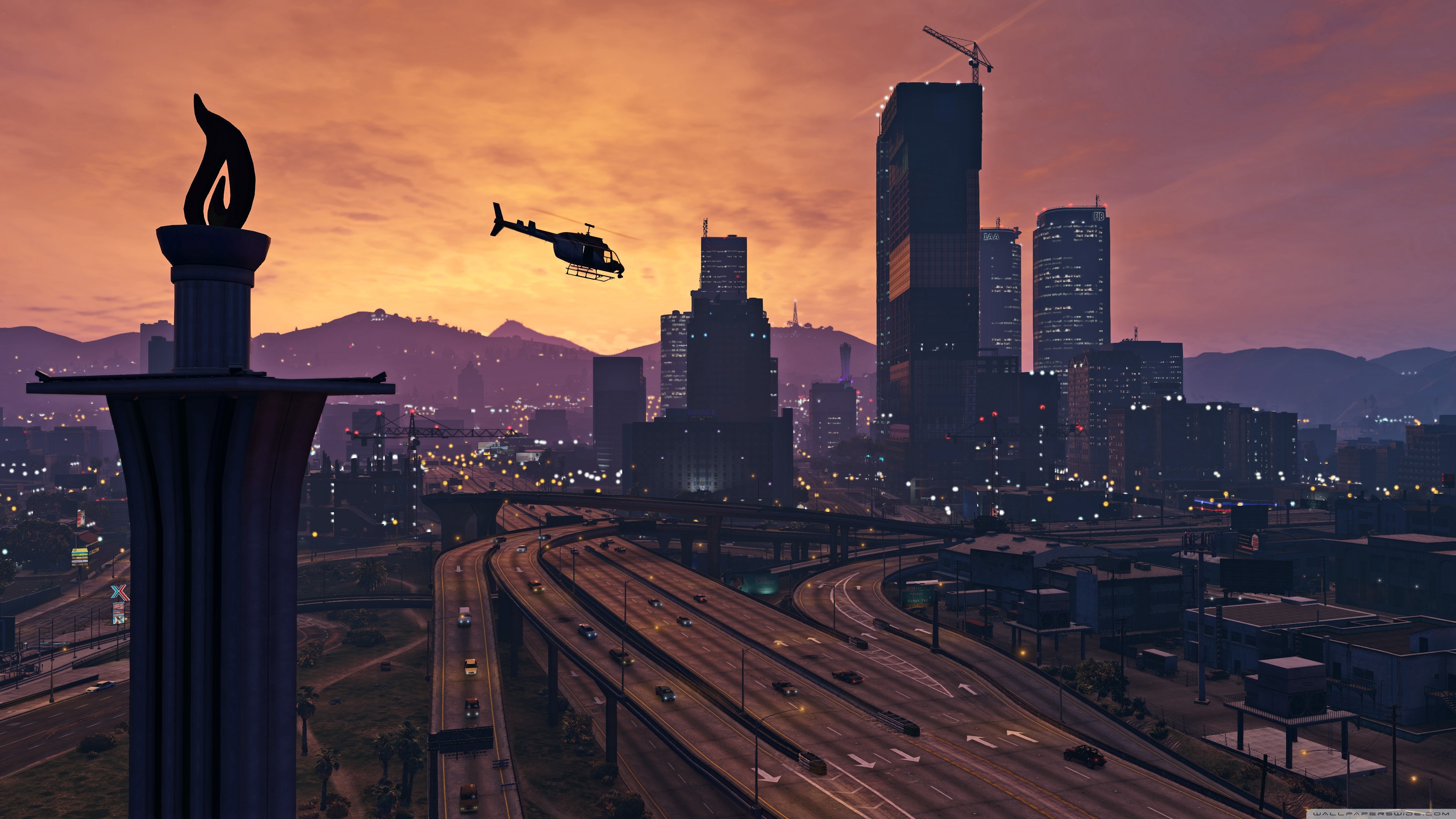 Grand Theft Auto V, Los Santos, Skyline, Tramonto, 4K, sfondo Windows 11