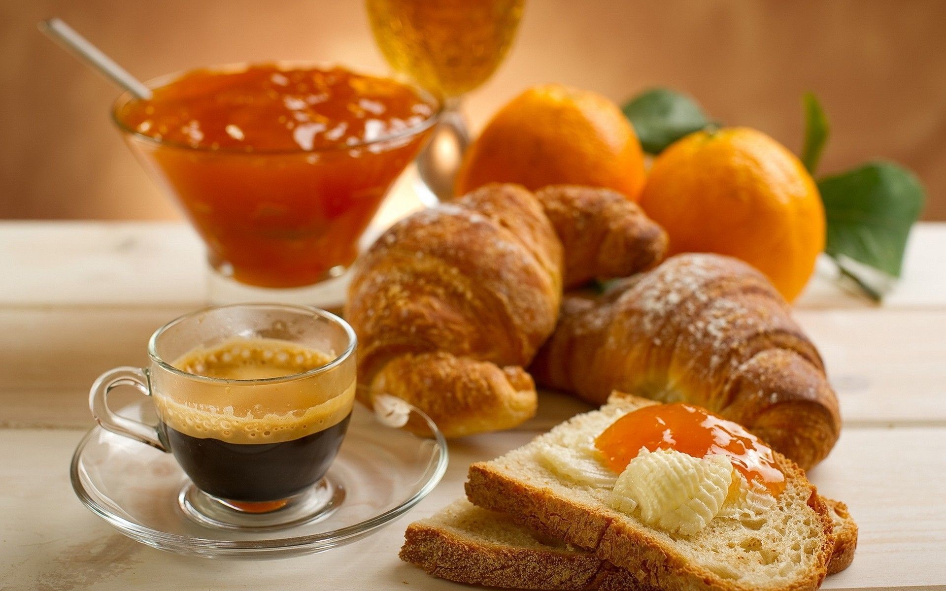 Colazione, Cornetti, Caffè espresso, Marmellata, Arance, Full HD, sfondo per PC e portatile
