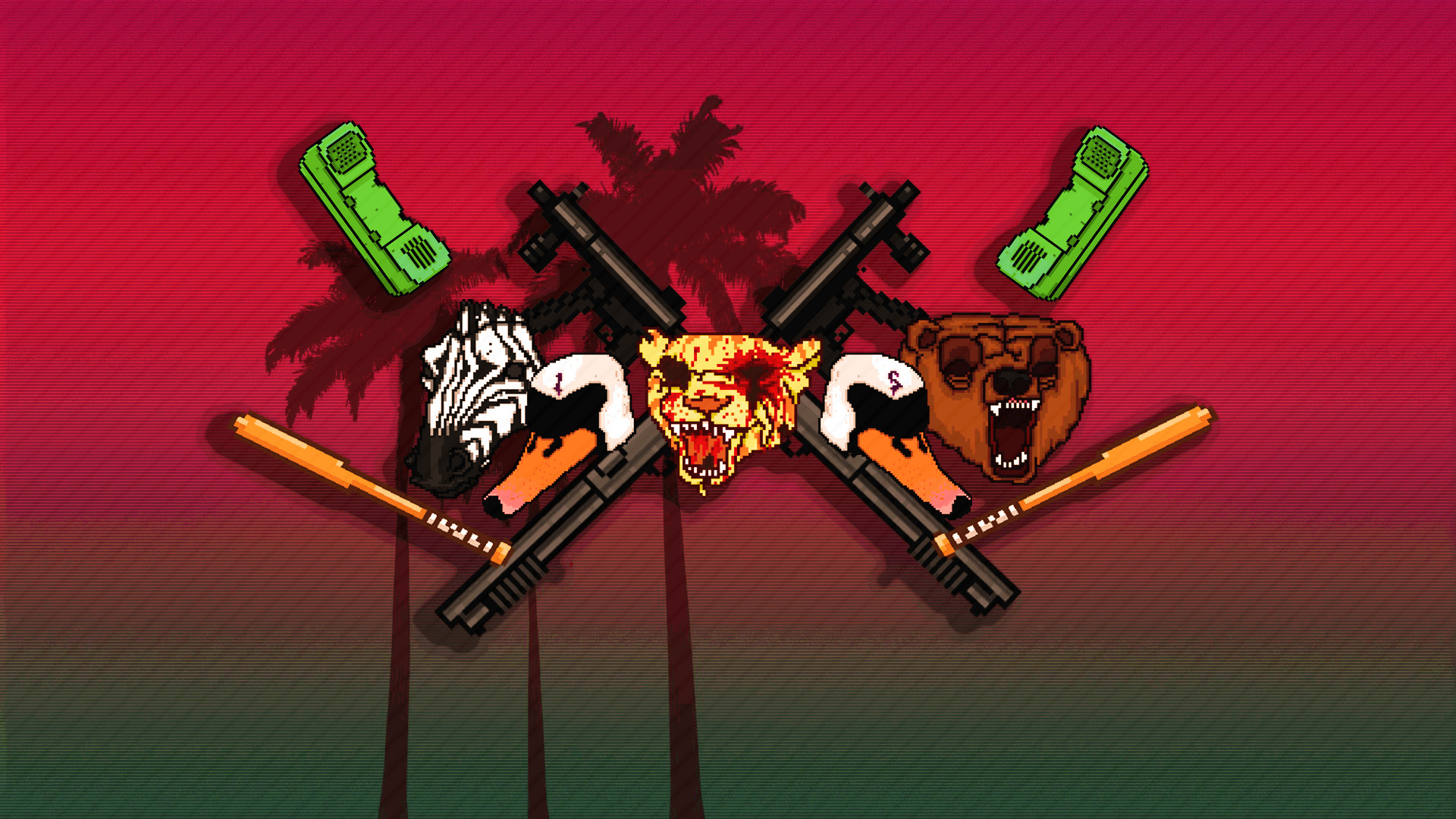 Hotline Miami 2: Wrong Number, Maschere animali, Armi, Telefoni, Palme, sfondo widescreen Full HD