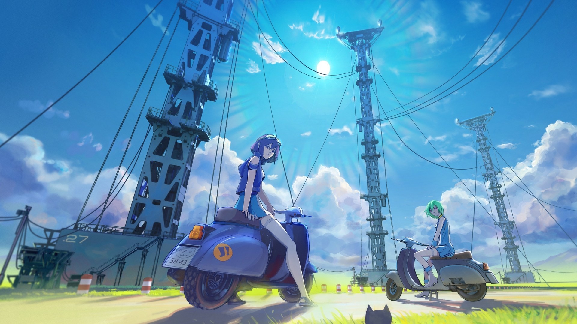 Ragazze anime, Scooter, Tralicci, Cielo blu, Full HD, sfondo per PC e portatile