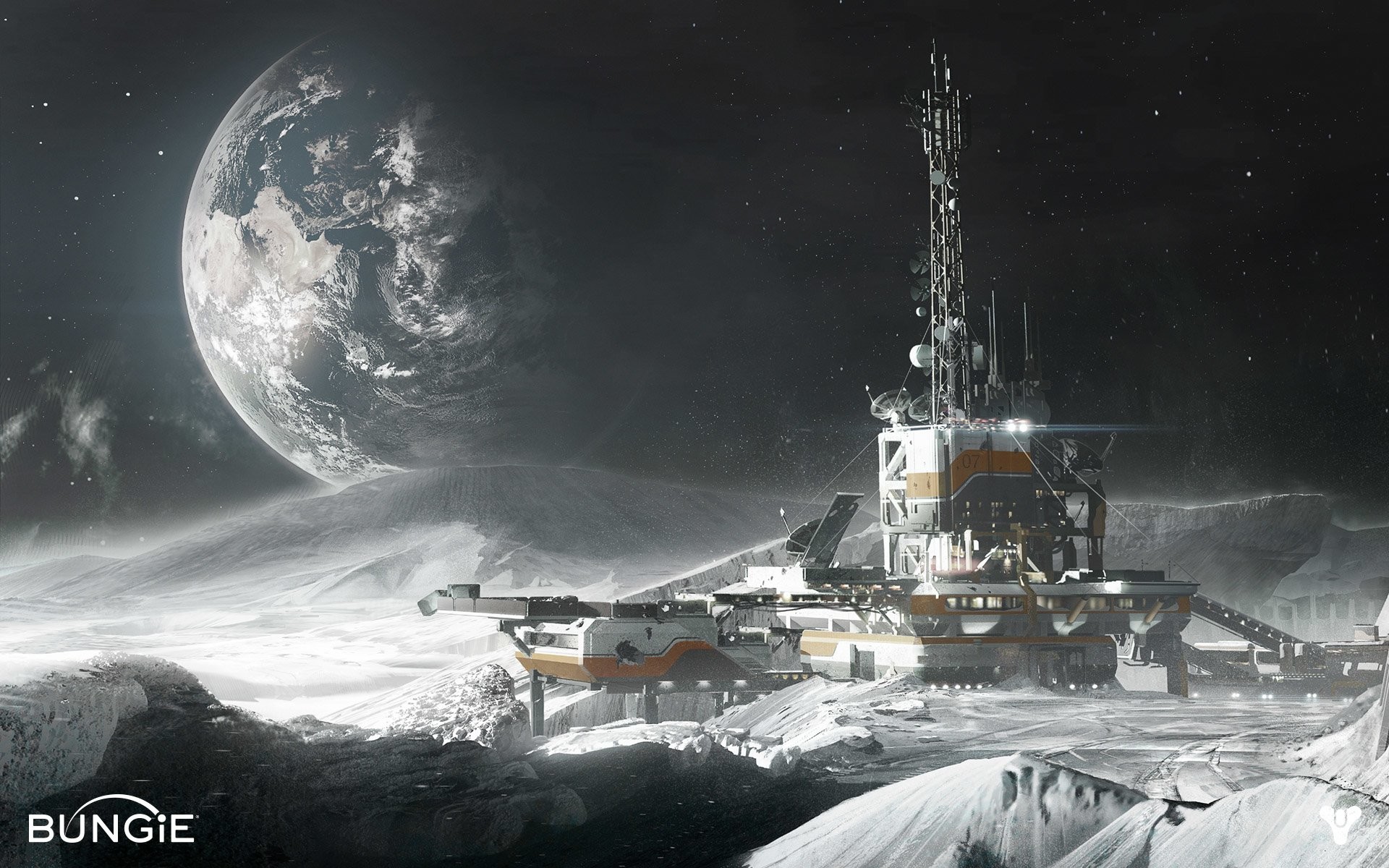 Destiny, Bungie, Luna, Base lunare, Bianco e nero, Full HD, sfondo desktop