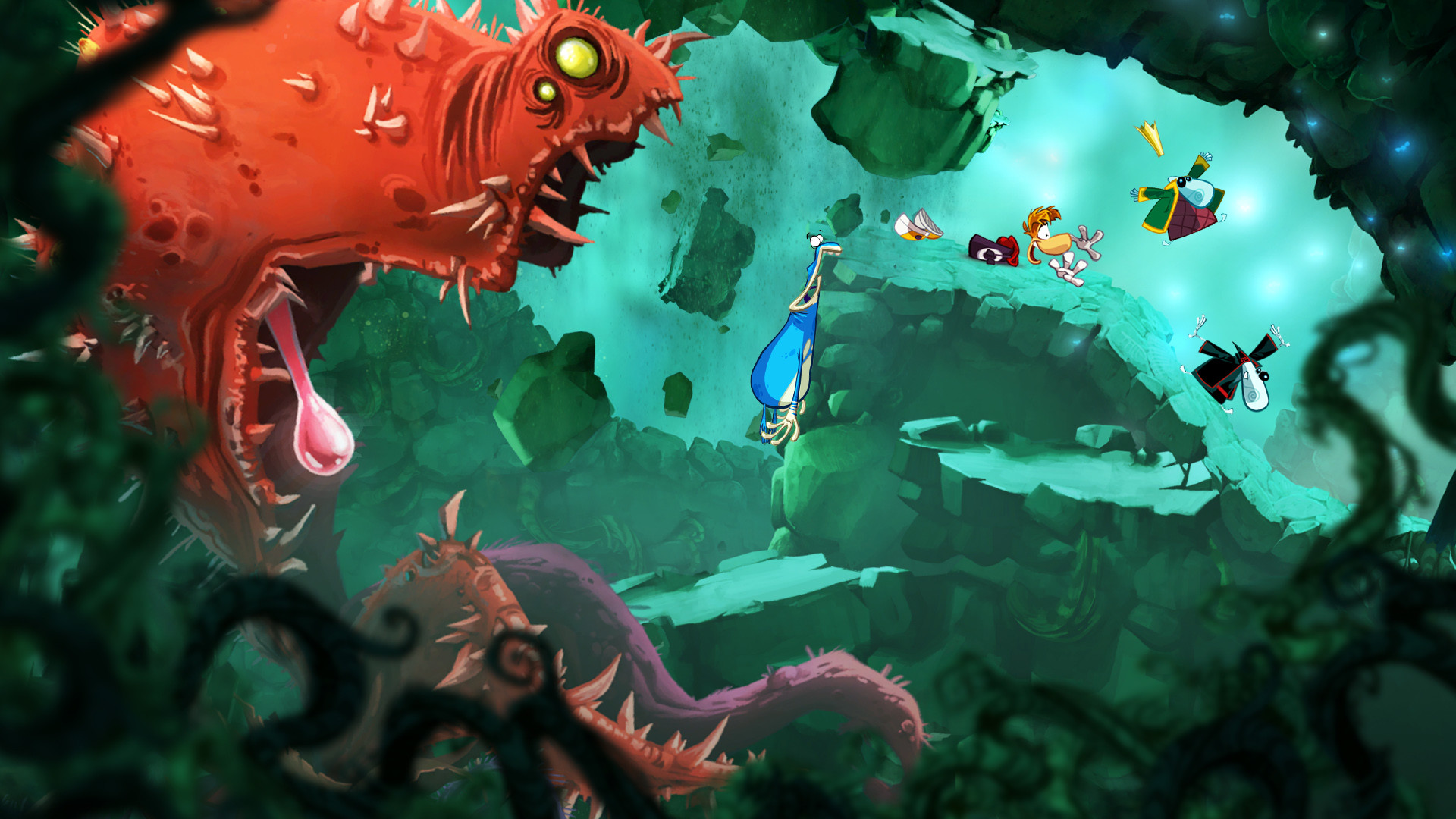Rayman Origins, Videogioco, Mostro, Giungla, 16:9 Full HD, sfondo widescreen