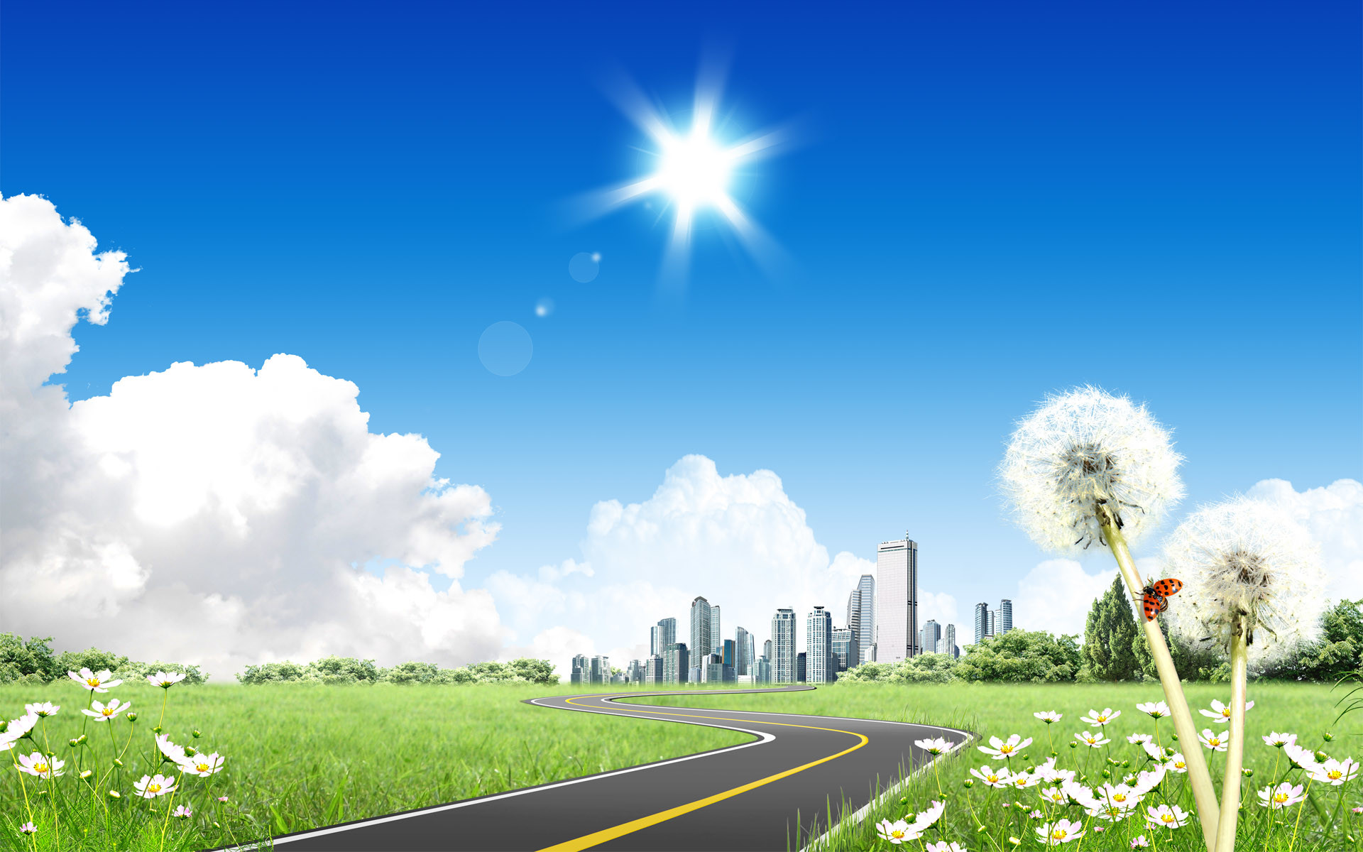 Città del futuro, Prato, Strada, Soffioni, Cielo azzurro, 1920x1200, immagine di sfondo