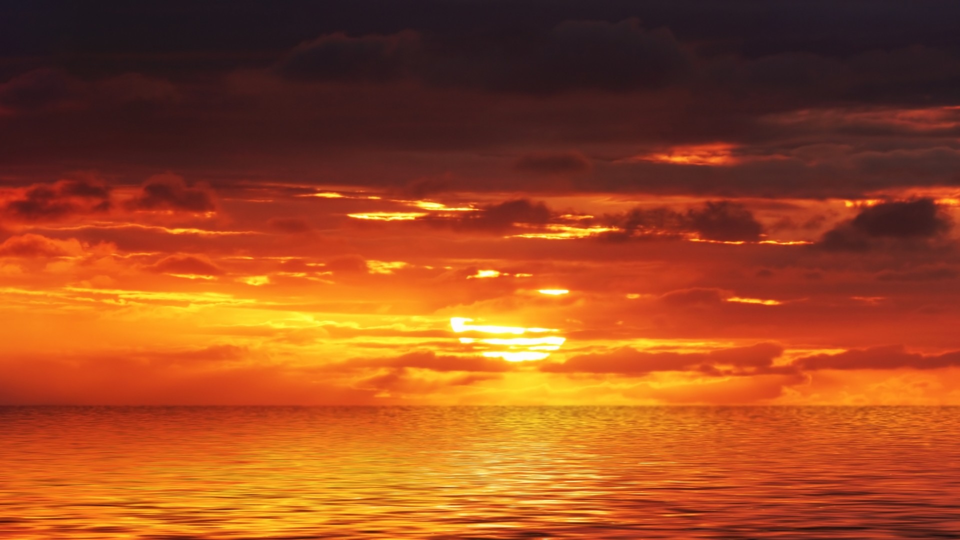 Tramonto sul mare, Nuvole, Arancione, Orizzonte, 1920x1080, wallpaper desktop