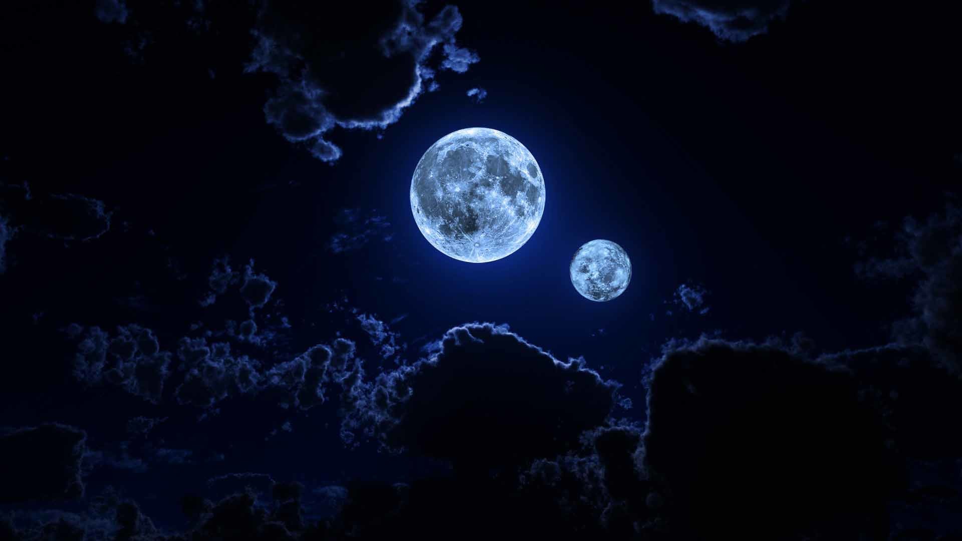 Due lune, Nuvole, Fantasia, Notte, Full HD, wallpaper desktop