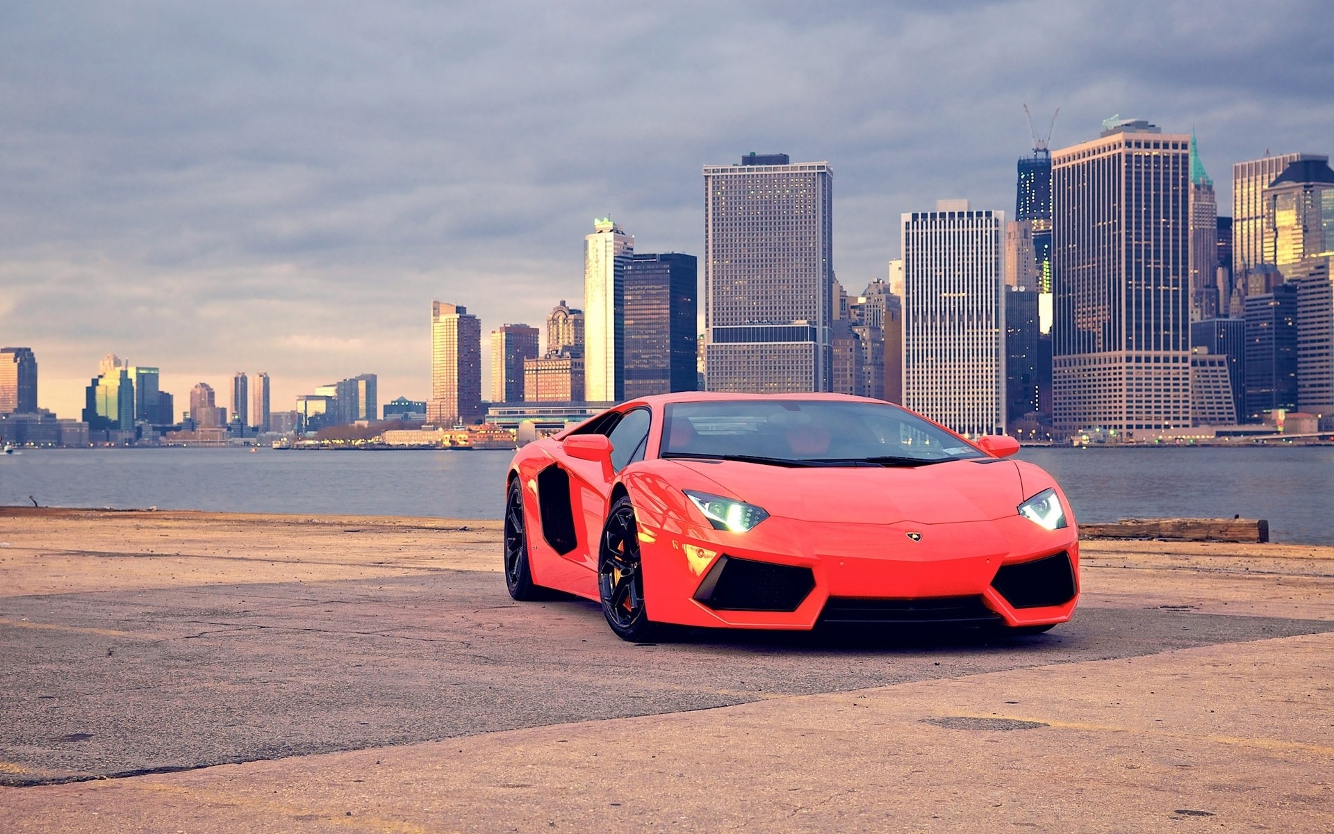 Lamborghini Aventador, New York, Skyline, Rosso, 1920x1200, wallpaper desktop