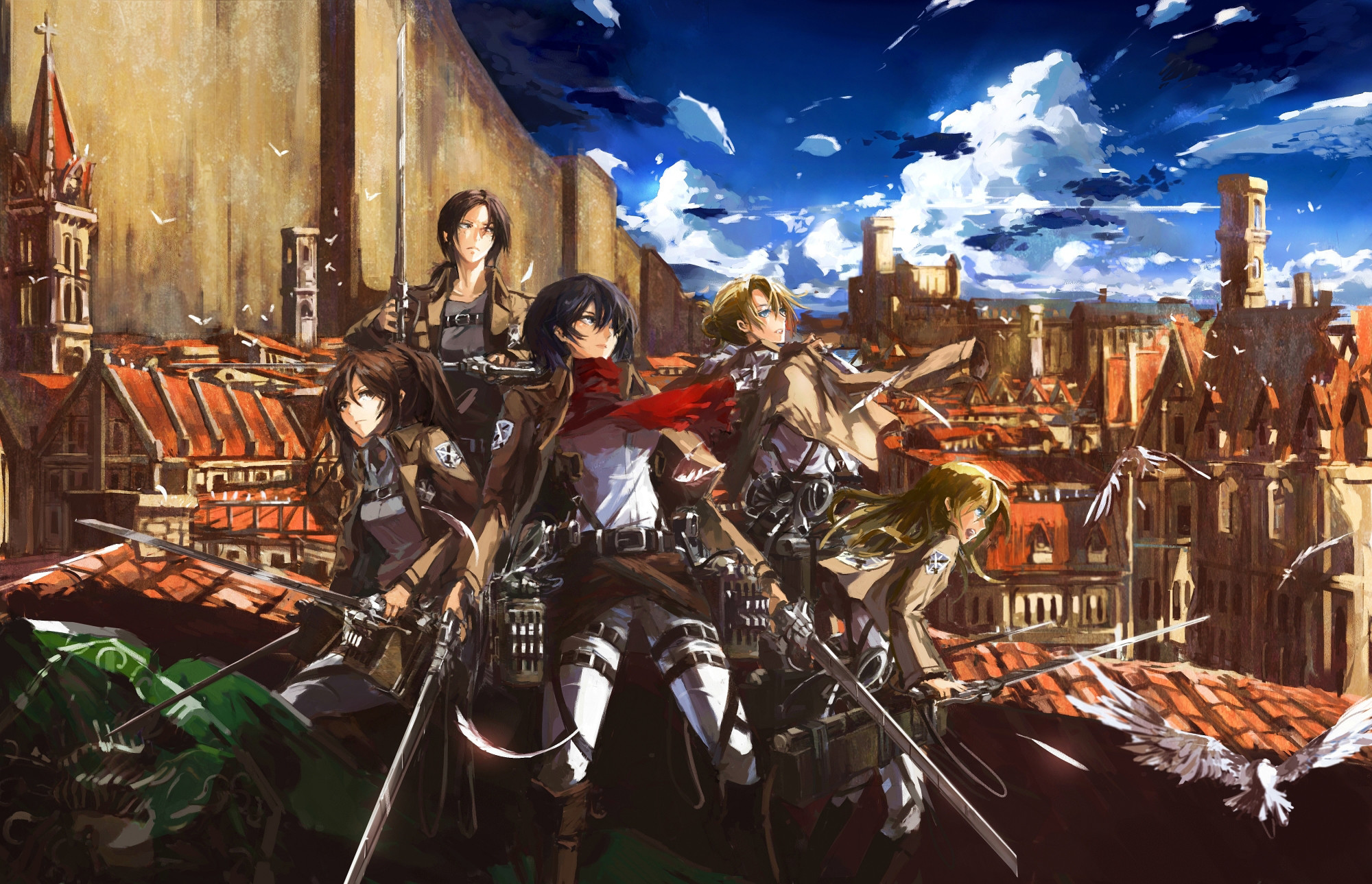 L'attacco dei giganti, Mikasa Ackerman, Eren Jaeger, Tetti, Città, sfondo Full HD per computer